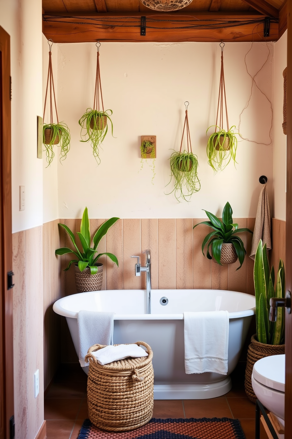 A Southwestern bathroom design featuring stylish hanging plants that add a touch of greenery. The walls are adorned with earthy tones and textured finishes, complemented by woven baskets and rustic wooden accents.