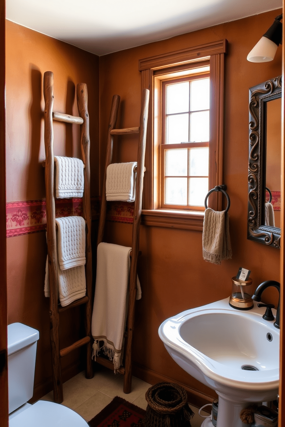 A rustic bathroom featuring wooden ladders as towel storage creates a warm and inviting atmosphere. The walls are adorned with earthy tones and Southwestern-inspired patterns that enhance the overall aesthetic. The wooden ladders are strategically placed against the wall, providing both functionality and a charming decorative element. Natural light filters in through a window, highlighting the textures of the wood and the vibrant colors of the Southwestern decor.