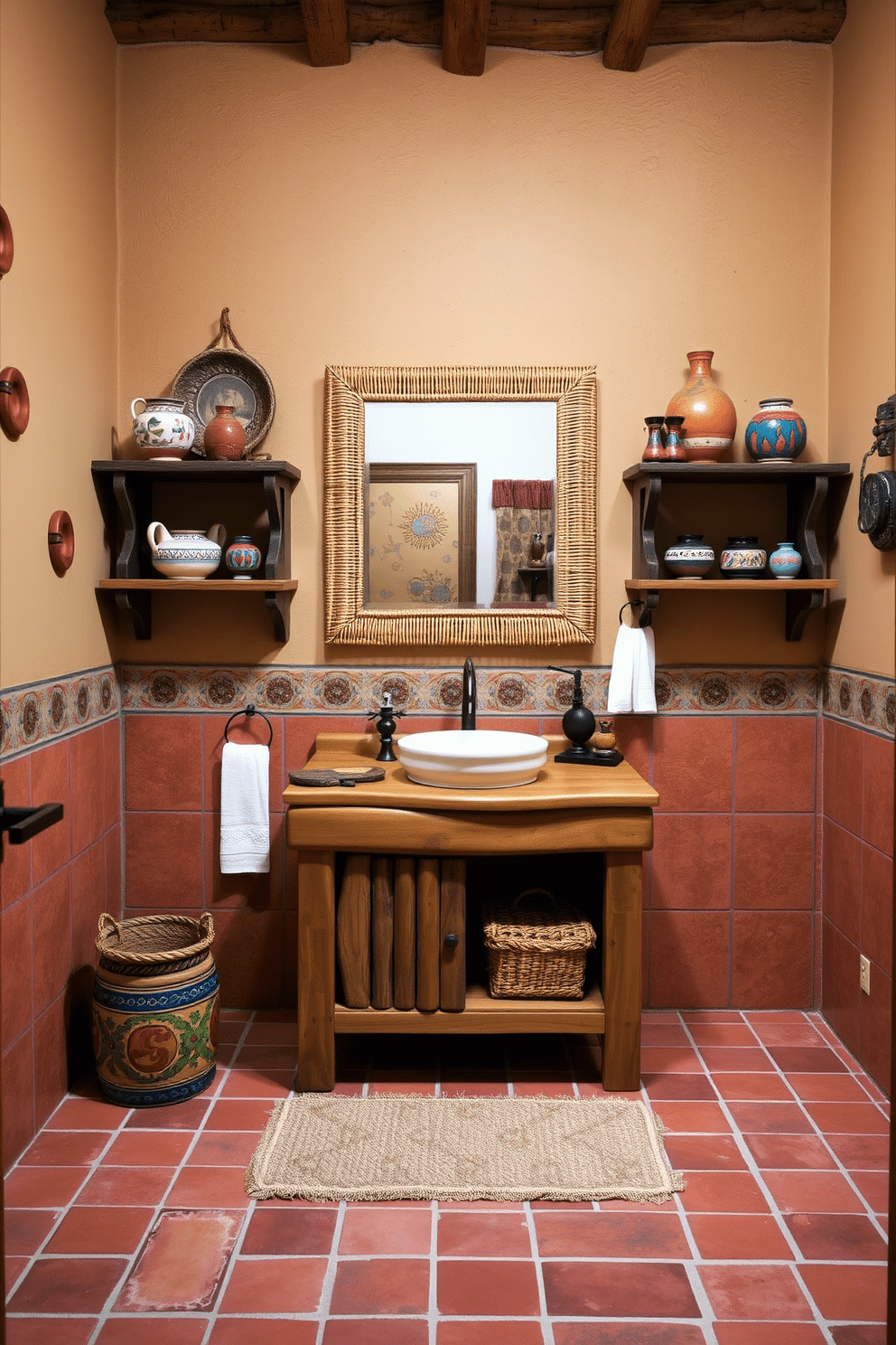 A Southwestern bathroom design featuring handcrafted pottery accents and decor. The space showcases earthy tones with terracotta tiles on the floor and walls adorned with vibrant, hand-painted pottery. A rustic wooden vanity with a natural finish holds a ceramic sink, complemented by a large mirror framed with woven materials. Decorative pottery pieces are strategically placed on shelves, adding warmth and character to the overall aesthetic.