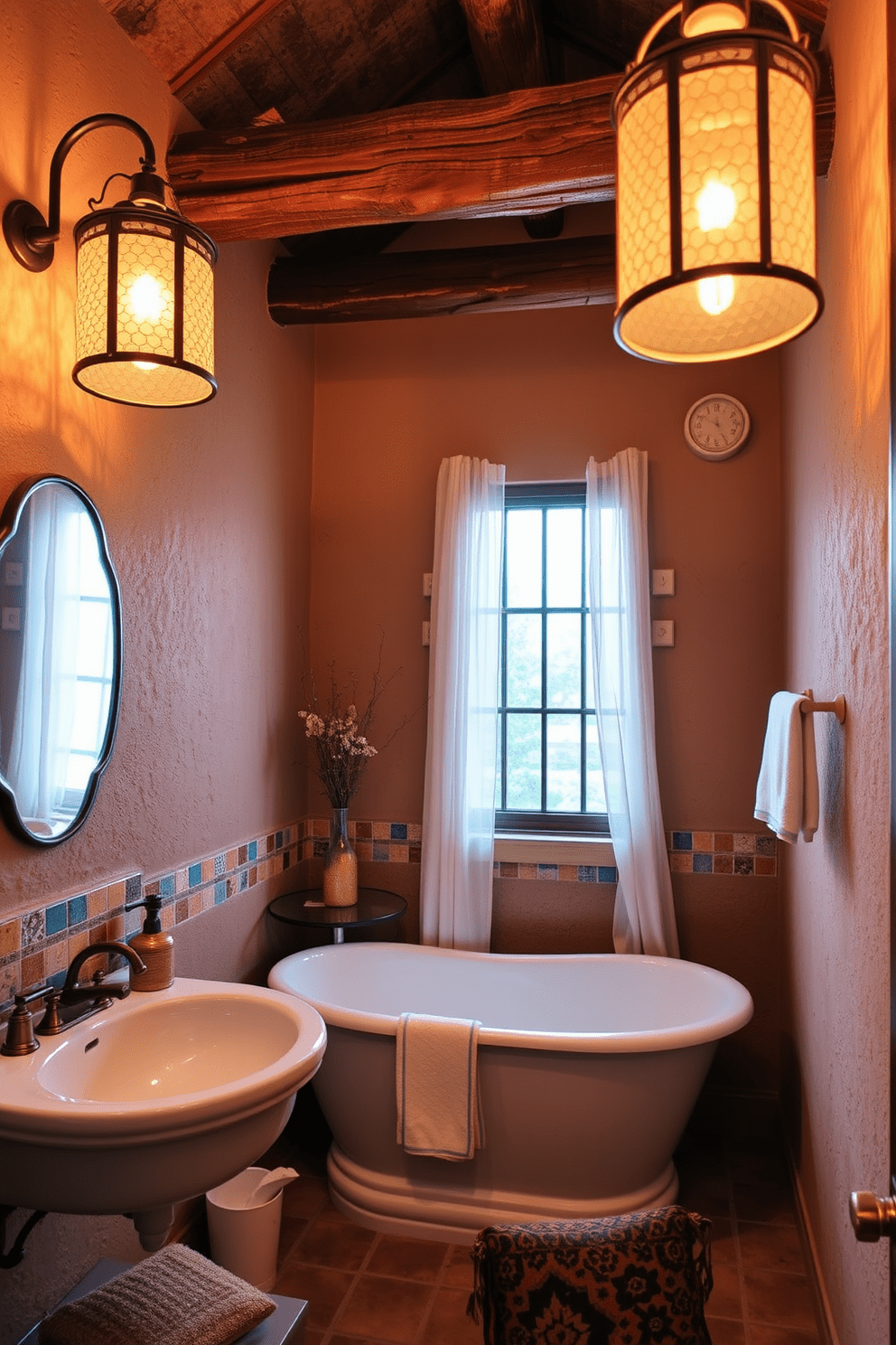 Charming lanterns cast a warm glow in a Southwestern bathroom filled with earthy tones. The walls are adorned with textured adobe plaster, and colorful tiles create a vibrant backsplash behind the sink. Rustic wooden beams stretch across the ceiling, enhancing the room's cozy atmosphere. A freestanding bathtub sits beneath a large window, framed by flowing sheer curtains that let in natural light.