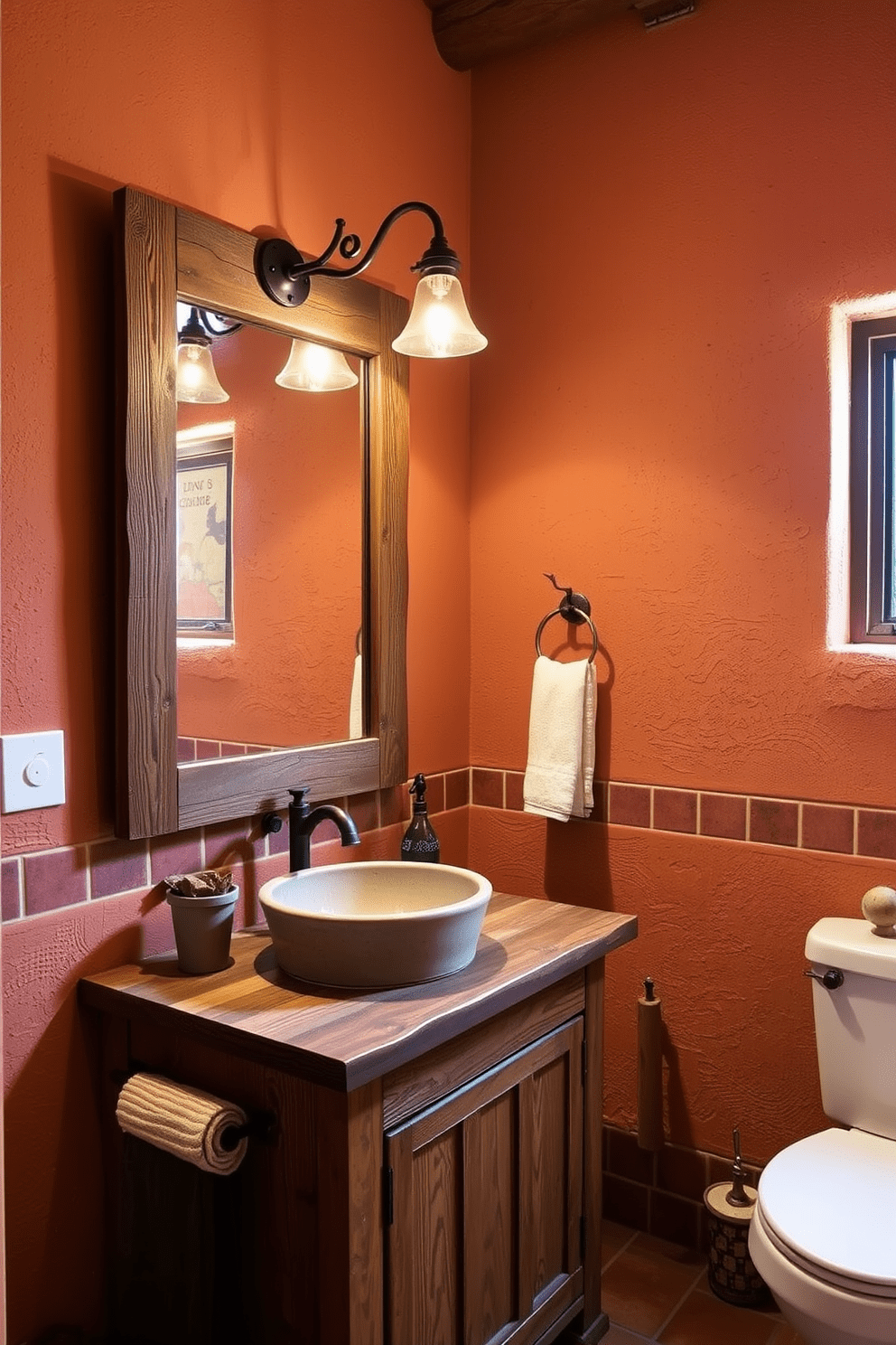 A Southwestern bathroom featuring an earthy color palette with warm tones. The walls are adorned with textured adobe finishes and accented with terracotta tiles, creating a cozy and inviting atmosphere. A rustic wooden vanity with a deep sink sits against the wall, complemented by a large mirror framed in weathered wood. Soft lighting fixtures made from wrought iron illuminate the space, enhancing the warm hues throughout the room.