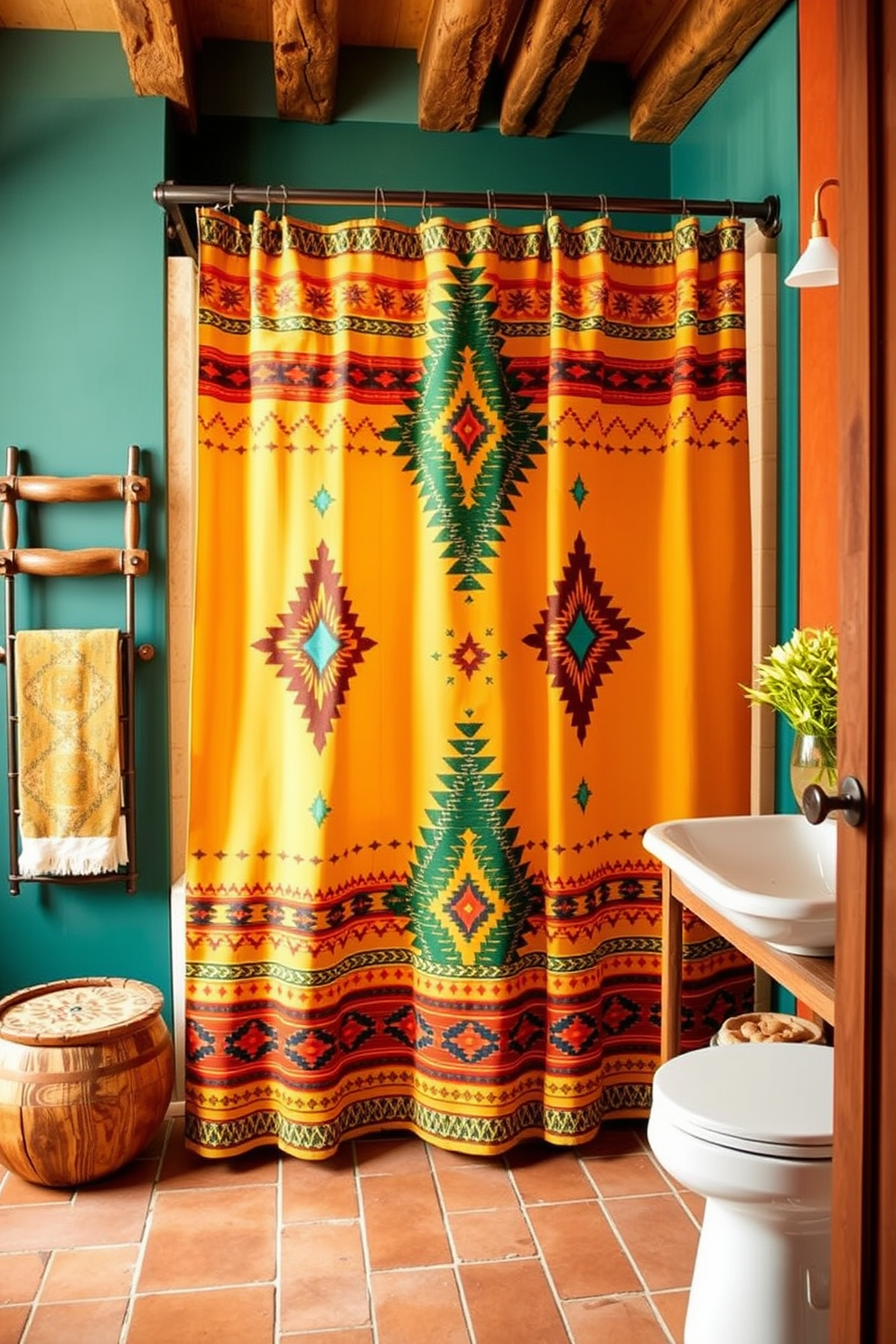 A vibrant southwestern bathroom design featuring shower curtains adorned with intricate patterns inspired by Native American textiles. The color palette includes warm earth tones, complemented by rustic wooden accents and terracotta tiles.