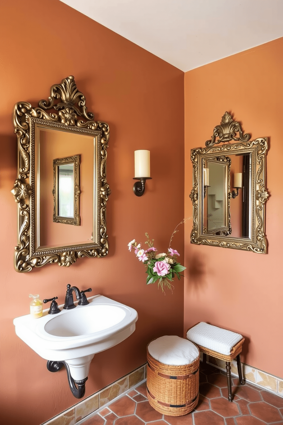 A Southwestern bathroom design featuring vintage mirrors with ornate frames. The walls are adorned with warm earth tones, and the floor is tiled with rustic terracotta.