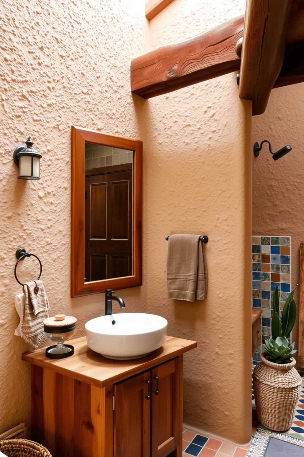 Textured wall finishes create a warm and inviting atmosphere in a Southwestern bathroom. The adobe-style walls are complemented by rustic wooden beams and vibrant ceramic tiles, showcasing a blend of tradition and modern comfort. A handcrafted wooden vanity with a deep basin sink sits against the textured wall, enhancing the earthy aesthetic. Accents of terracotta and sage green are incorporated through decorative elements, such as woven baskets and potted succulents.