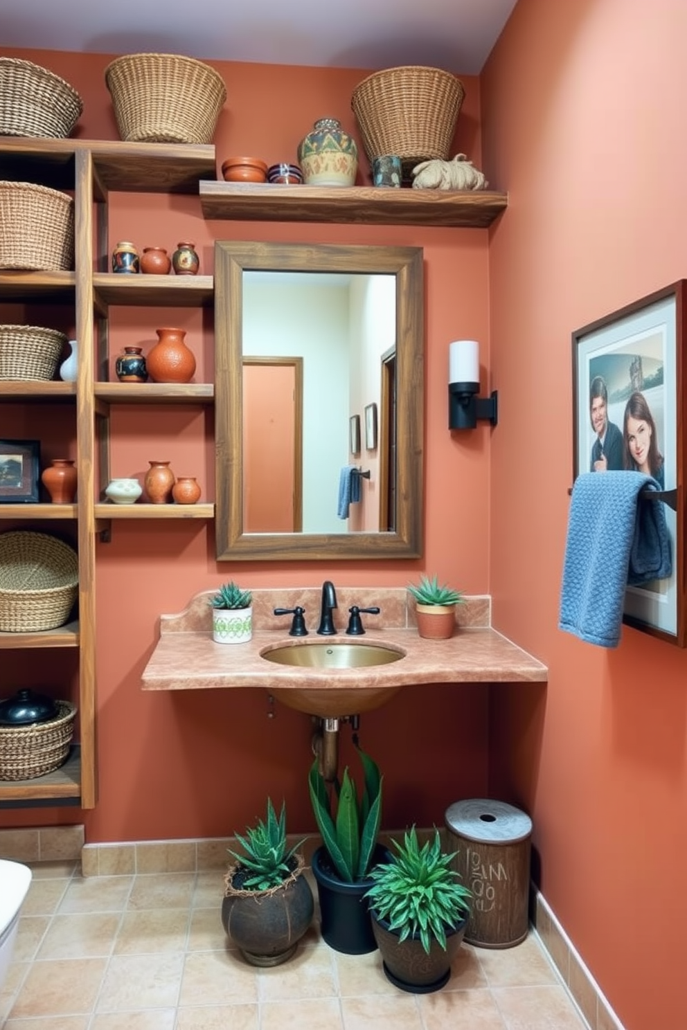 Open shelving adorned with woven baskets creates a warm and inviting atmosphere in a Southwestern bathroom. The shelves are made of rustic wood, showcasing vibrant pottery and natural decor elements that reflect the region's earthy tones. The walls are painted in soft terracotta, complementing the sandy beige tiles on the floor. A large mirror with a wooden frame hangs above a stylish sink, while potted succulents add a touch of greenery to the space.