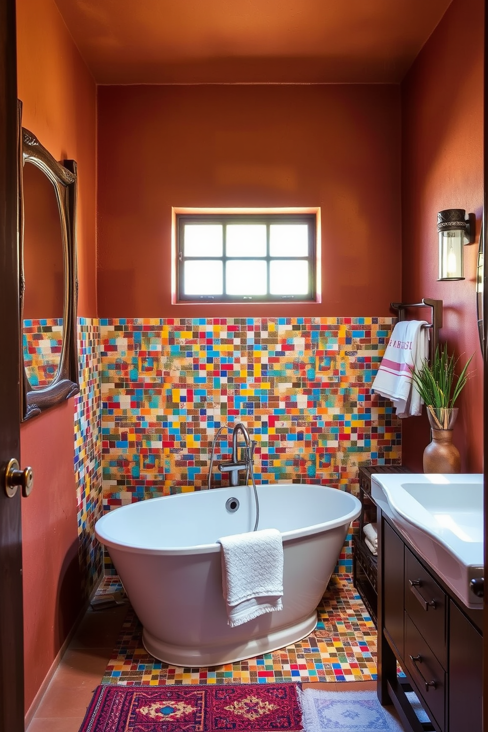 A vibrant bathroom featuring a colorful mosaic tile backsplash that adds a pop of color and texture to the space. The walls are adorned with warm earth tones, complemented by rustic wooden accents and a freestanding bathtub for a cozy Southwestern feel.