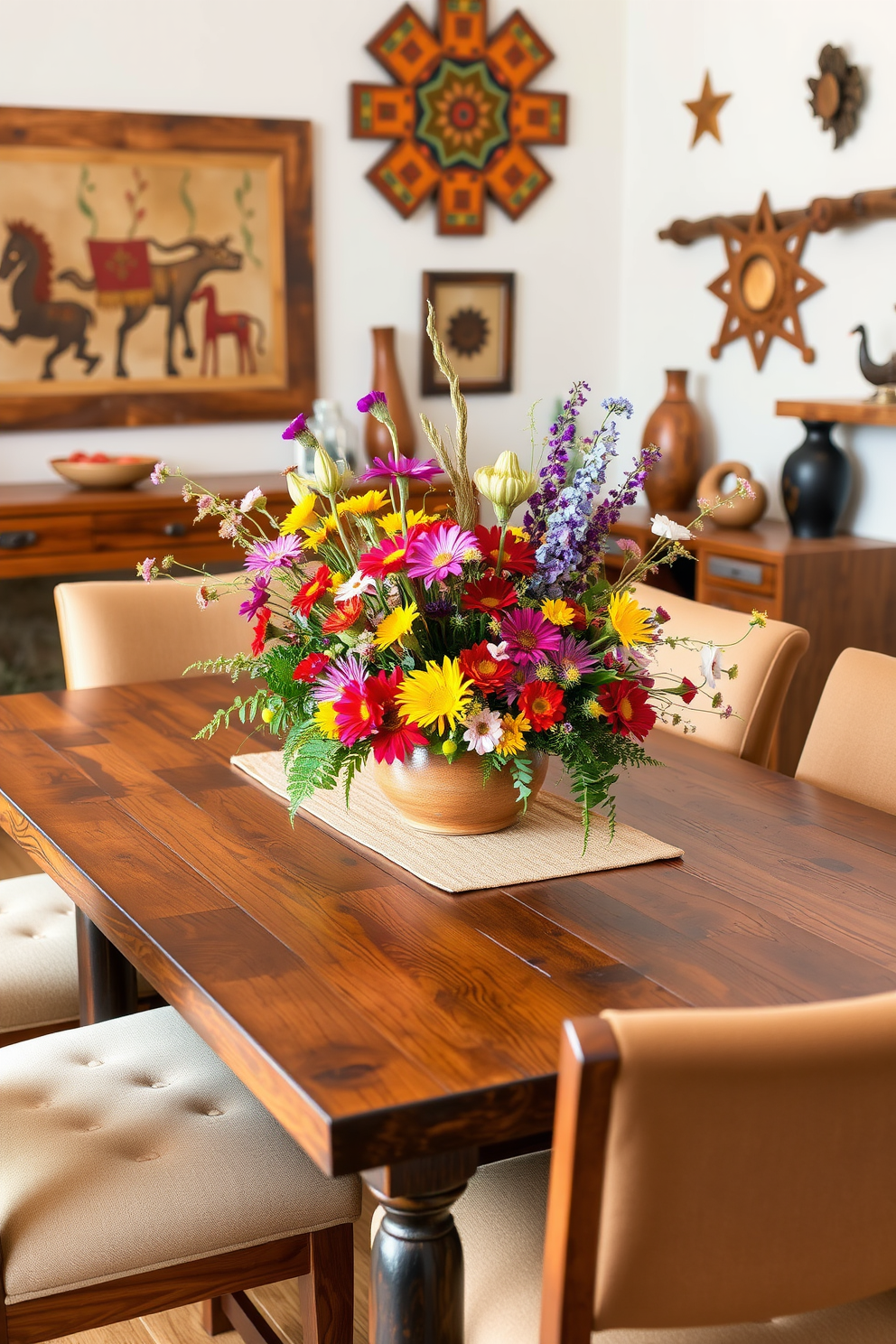 A rustic wooden dining table is adorned with a vibrant centerpiece featuring a mix of colorful wildflowers in a ceramic vase. The surrounding chairs are upholstered in earthy tones, complementing the warm wood tones of the table and the southwestern decor on the walls.