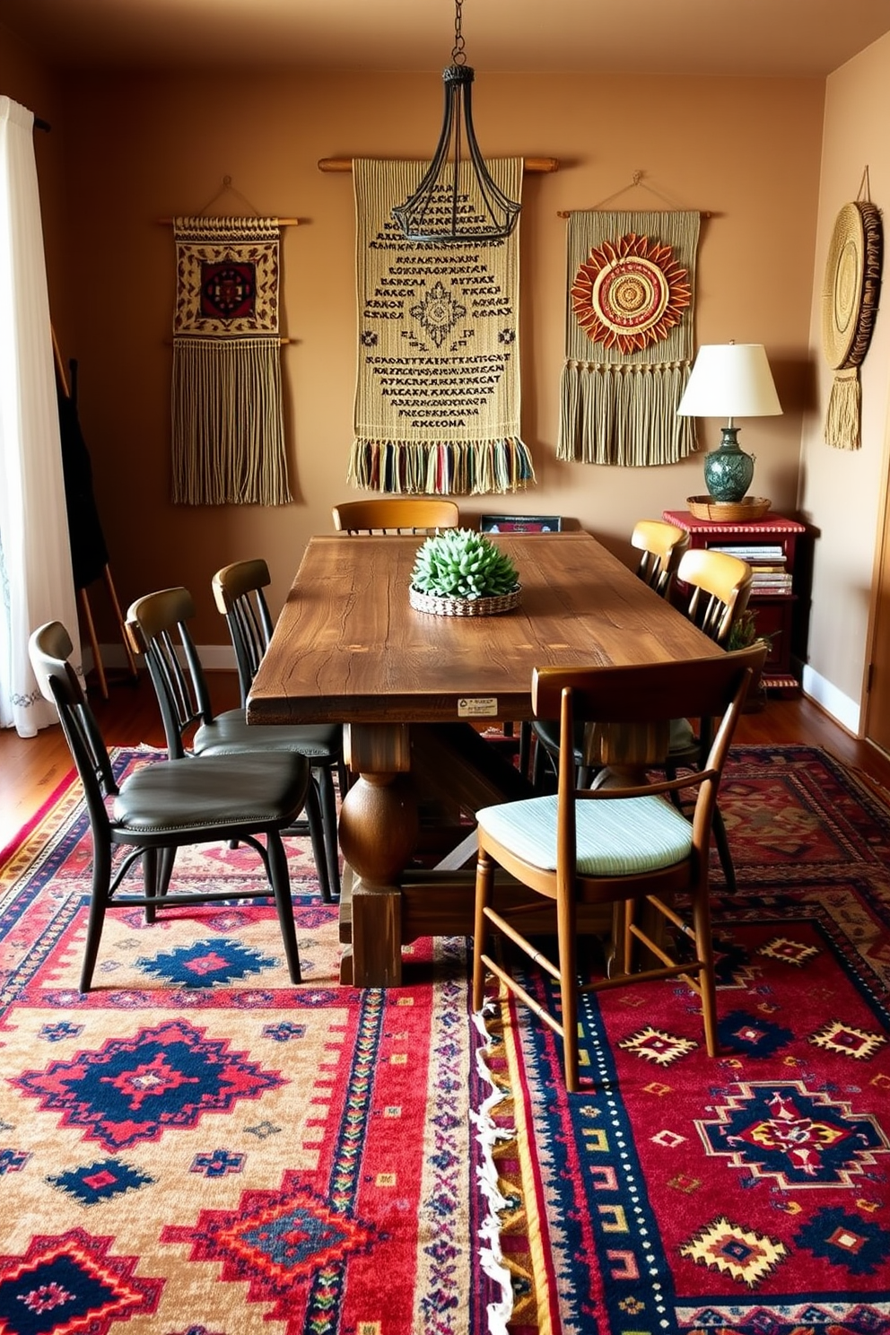 A warm and inviting southwestern dining room features a rustic wooden table surrounded by mismatched chairs. The floor is adorned with vintage southwestern rugs that add rich colors and patterns, enhancing the cozy atmosphere of the space. The walls are painted in earthy tones, complemented by woven wall hangings that reflect traditional southwestern artistry. A centerpiece of vibrant succulents sits on the table, adding a touch of greenery to the inviting setting.