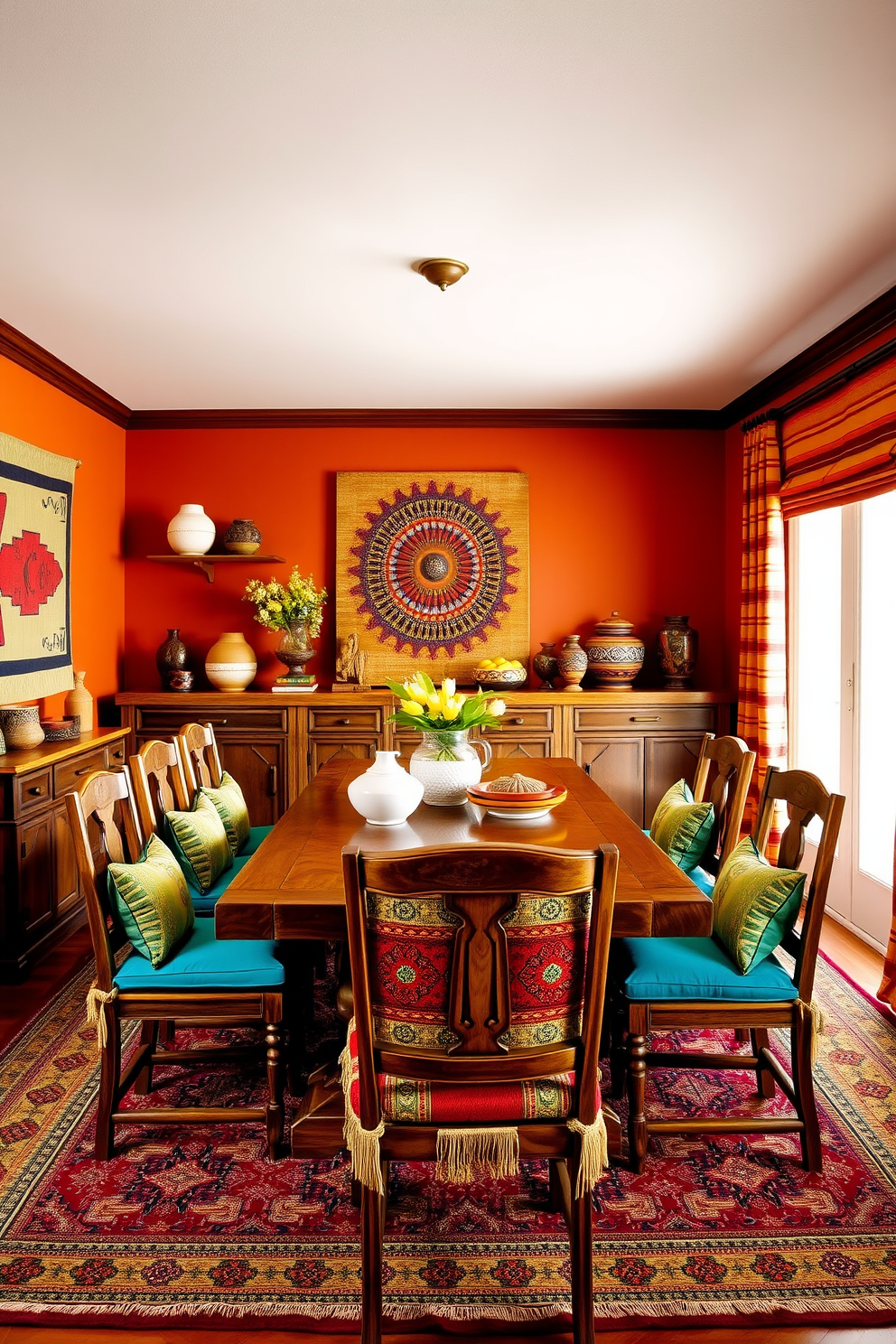 A vibrant southwestern dining room featuring a rustic wooden table surrounded by chairs adorned with bold turquoise cushions. The walls are painted in warm earth tones, complemented by decorative pottery and woven textiles that showcase southwestern patterns.