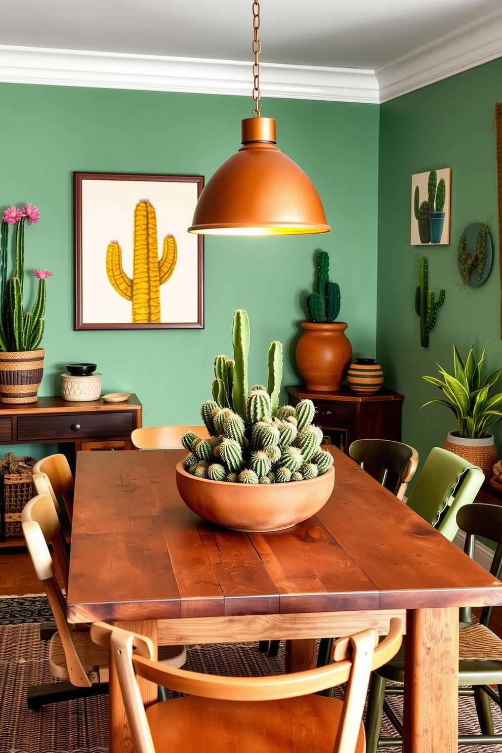 A vibrant dining room featuring cactus-themed decor. The walls are adorned with colorful cactus artwork, and a rustic wooden table is surrounded by mismatched chairs in earthy tones. The centerpiece is a large terracotta pot filled with a variety of cacti, adding a unique touch to the table. Soft, warm lighting from pendant lamps creates an inviting atmosphere, complemented by woven textiles in shades of green and brown.