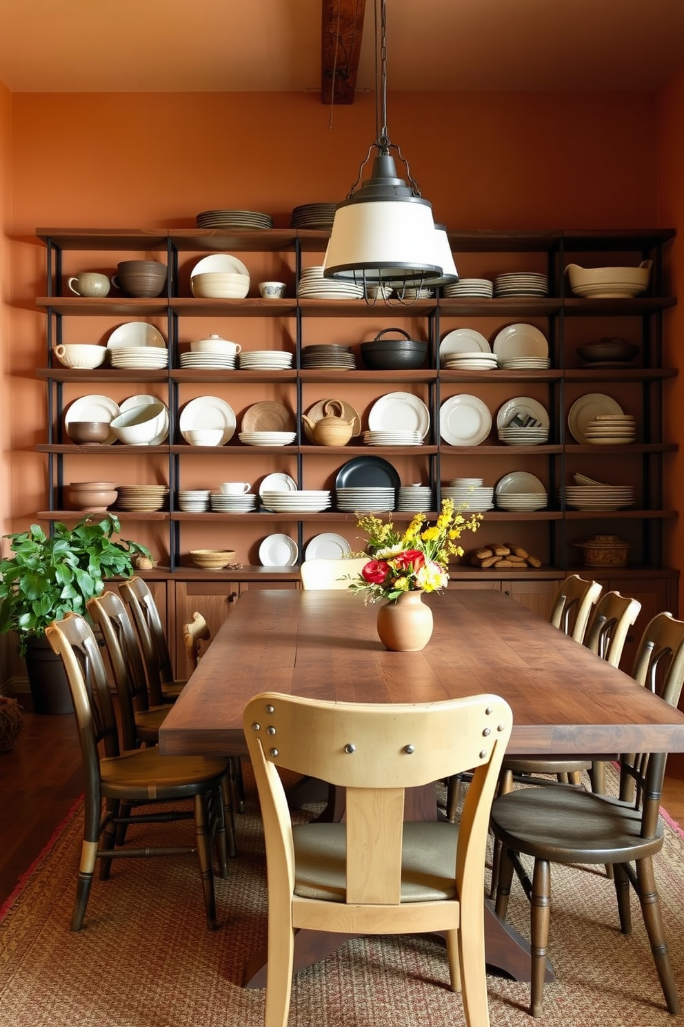 Open shelving displays rustic dishware in a warm Southwestern dining room. The walls are adorned with earthy tones, and a large wooden dining table is surrounded by mismatched chairs, creating a cozy and inviting atmosphere.