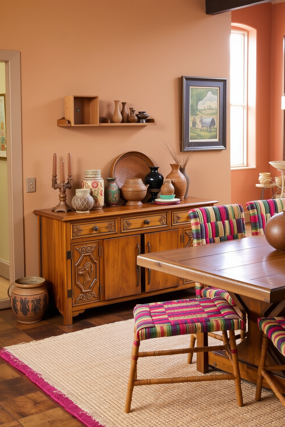 Charming wooden sideboard with intricate carvings and a warm finish. The sideboard is adorned with decorative pottery and framed artwork, creating a cozy Southwestern ambiance. Rustic dining table made of reclaimed wood surrounded by colorful woven chairs. The walls are painted in warm earth tones, and a woven rug adds texture to the space.