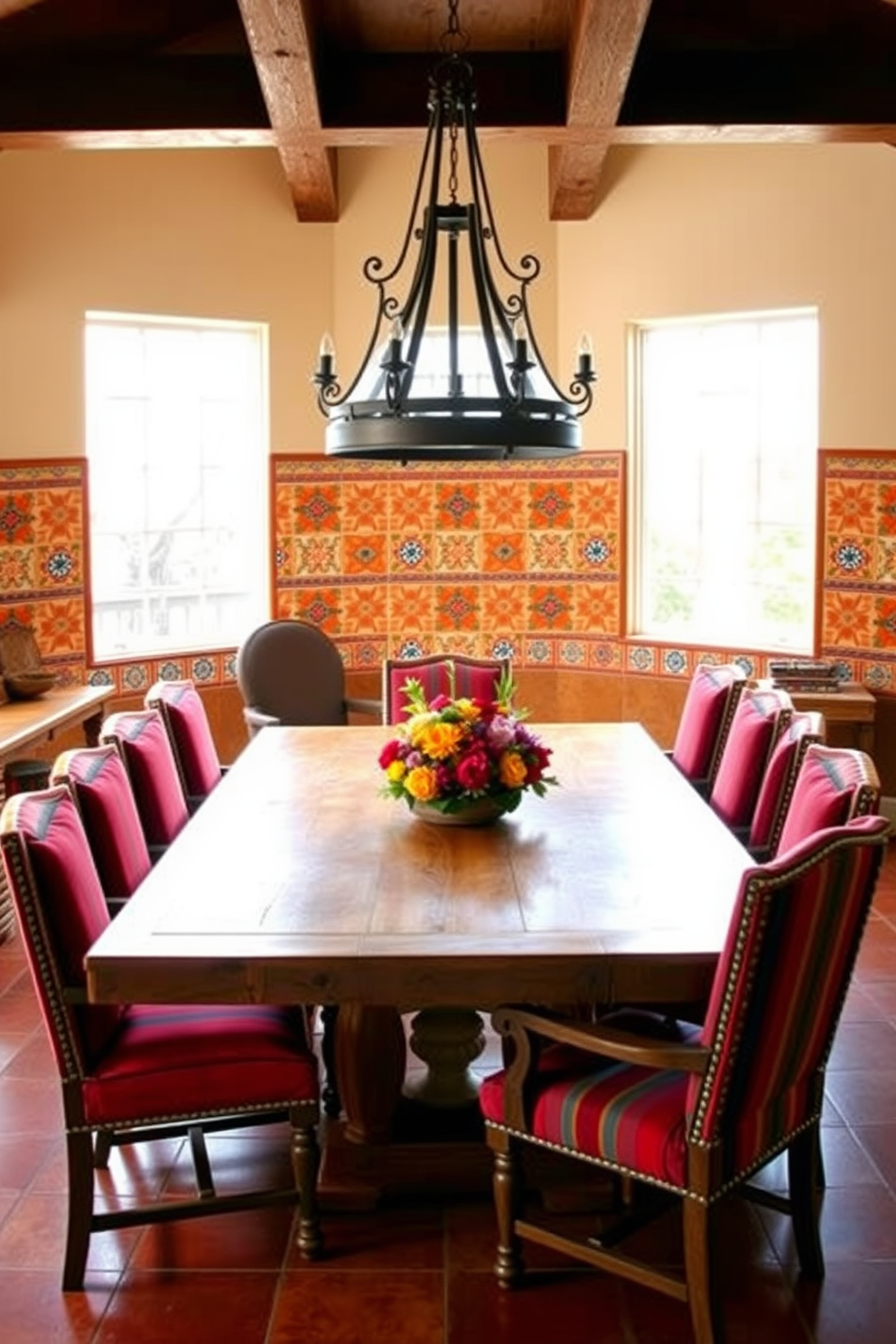 A vibrant Southwestern dining room features a large wooden table surrounded by colorful upholstered chairs. The walls are adorned with traditional Mexican tiles for the backsplash, showcasing intricate patterns in warm hues of red, orange, and blue. Natural light floods the space through large windows, highlighting a rustic chandelier made of wrought iron. Decorative elements include woven baskets and a centerpiece of fresh flowers, creating an inviting atmosphere for family gatherings.