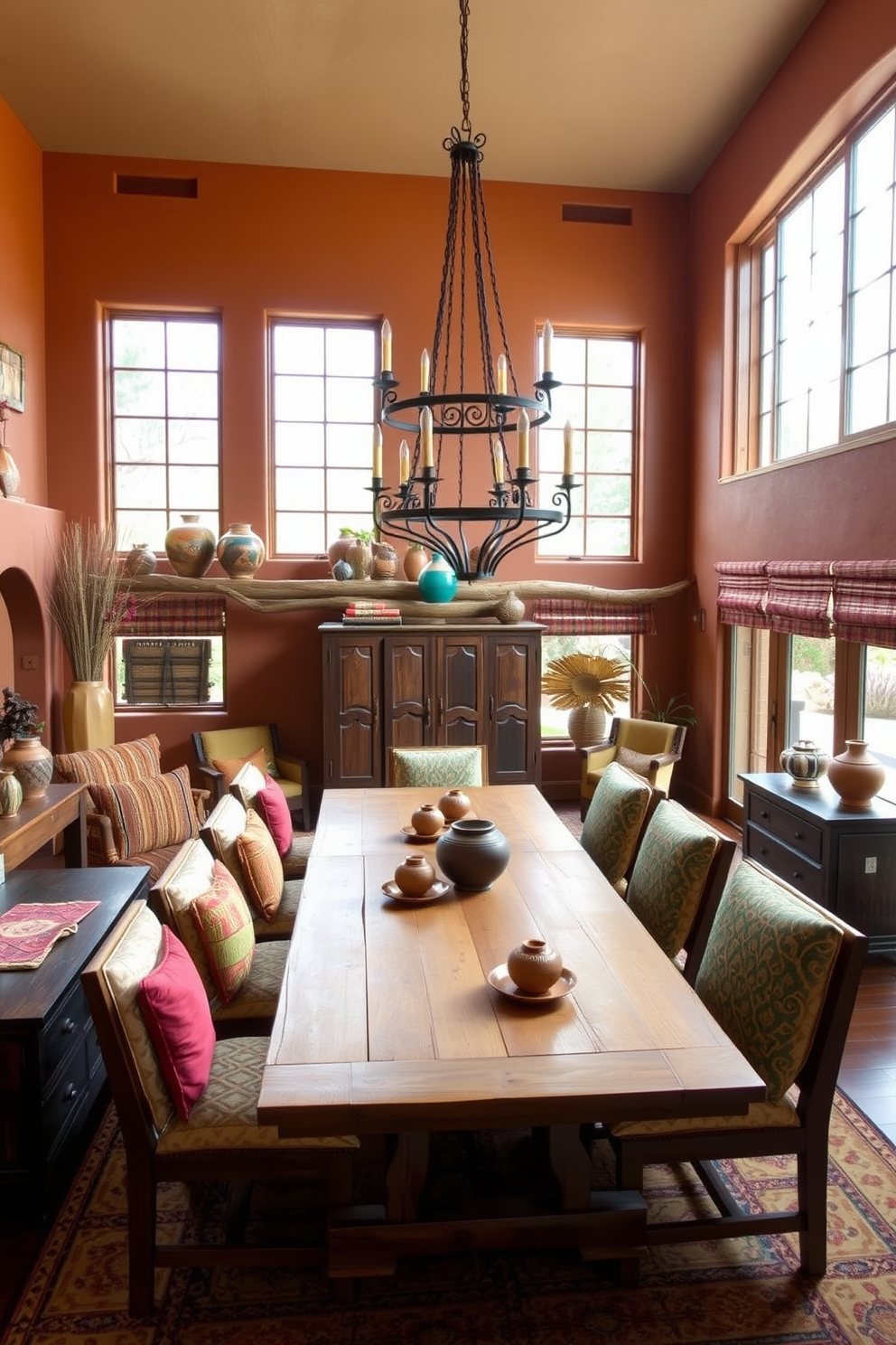 A Southwestern dining room featuring large windows that allow natural light to flood the space. The room is adorned with rustic wooden furniture, including a long dining table surrounded by colorful upholstered chairs. The walls are painted in warm earth tones, complemented by decorative pottery and woven textiles. A statement chandelier made of wrought iron hangs above the table, adding a touch of elegance to the cozy atmosphere.