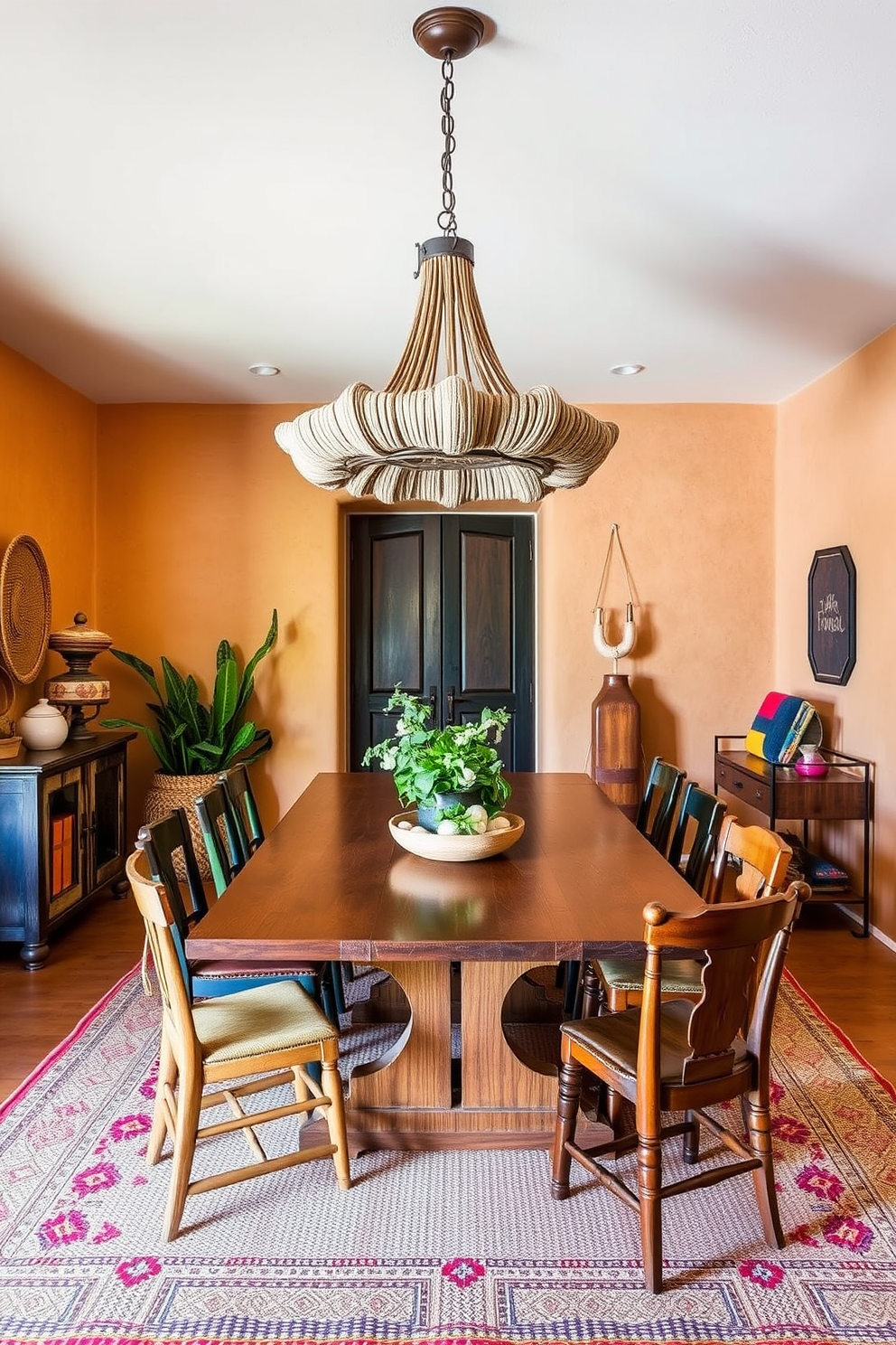 A Southwestern dining room featuring an earthy color palette with warm hues. The walls are adorned with textured adobe finishes, and a large wooden dining table sits at the center surrounded by mismatched chairs in rich tones. Decorative elements include woven baskets and vibrant textiles that reflect the region's cultural heritage. A statement chandelier made of rustic materials hangs above, casting a warm glow over the space.