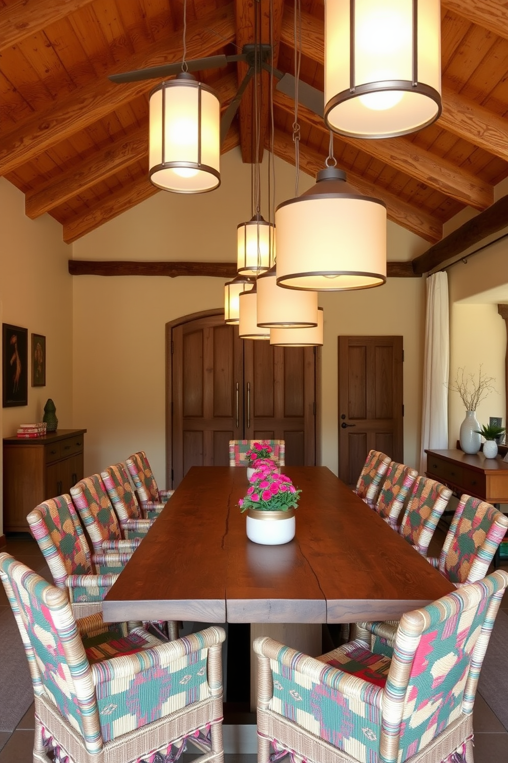 A Southwestern dining room featuring hanging pendant lights with a rustic feel. The room is adorned with a large wooden dining table surrounded by colorful woven chairs, creating a warm and inviting atmosphere.