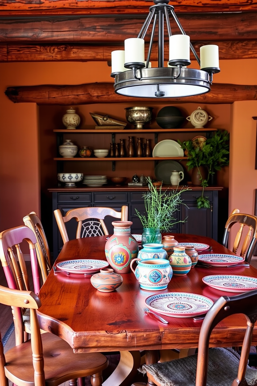 A Southwestern dining room features a rustic wooden table surrounded by mismatched chairs in warm earth tones. Handcrafted pottery pieces serve as unique table centerpieces, showcasing vibrant colors and intricate designs that reflect the region's cultural heritage.