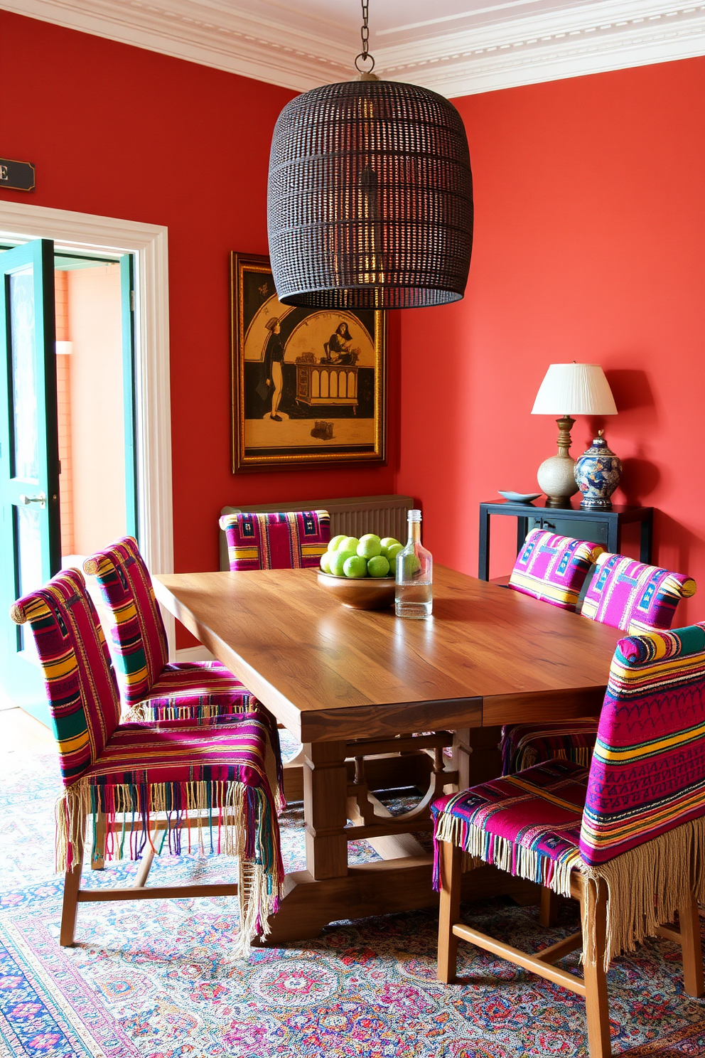 A vibrant dining room featuring colorful woven textiles adorning the chairs. The walls are painted in warm earth tones, complementing a rustic wooden dining table at the center of the space.