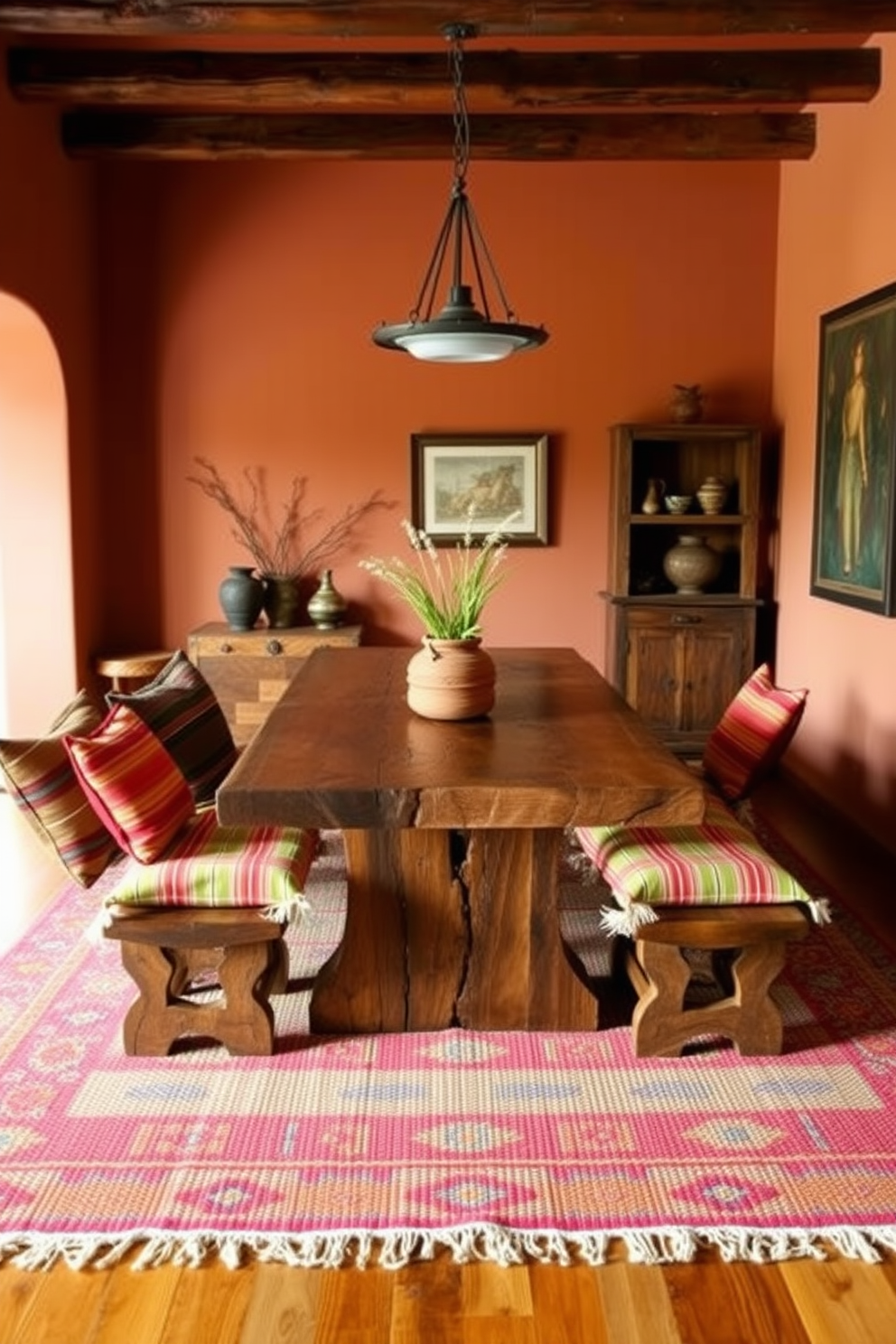 A reclaimed wood dining table is the centerpiece of a Southwestern dining room. Surrounding the table are rustic benches adorned with colorful woven cushions, creating a warm and inviting atmosphere. The walls are painted in a soft terracotta hue, complementing the earthy tones of the wood. Decorative elements include handcrafted pottery and a vibrant woven rug that adds texture and interest to the space.