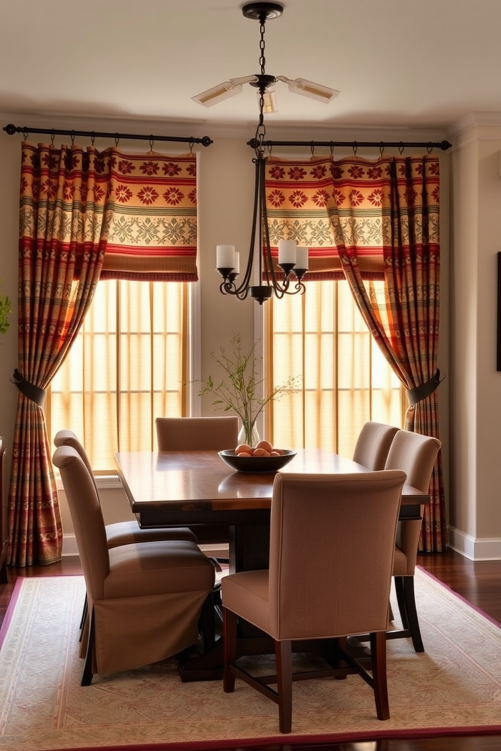 A warm and inviting dining room features southwestern patterned curtains that gently frame the windows, adding a touch of softness to the space. The room is adorned with a rustic wooden dining table surrounded by upholstered chairs in earthy tones, creating a cozy atmosphere for family gatherings.