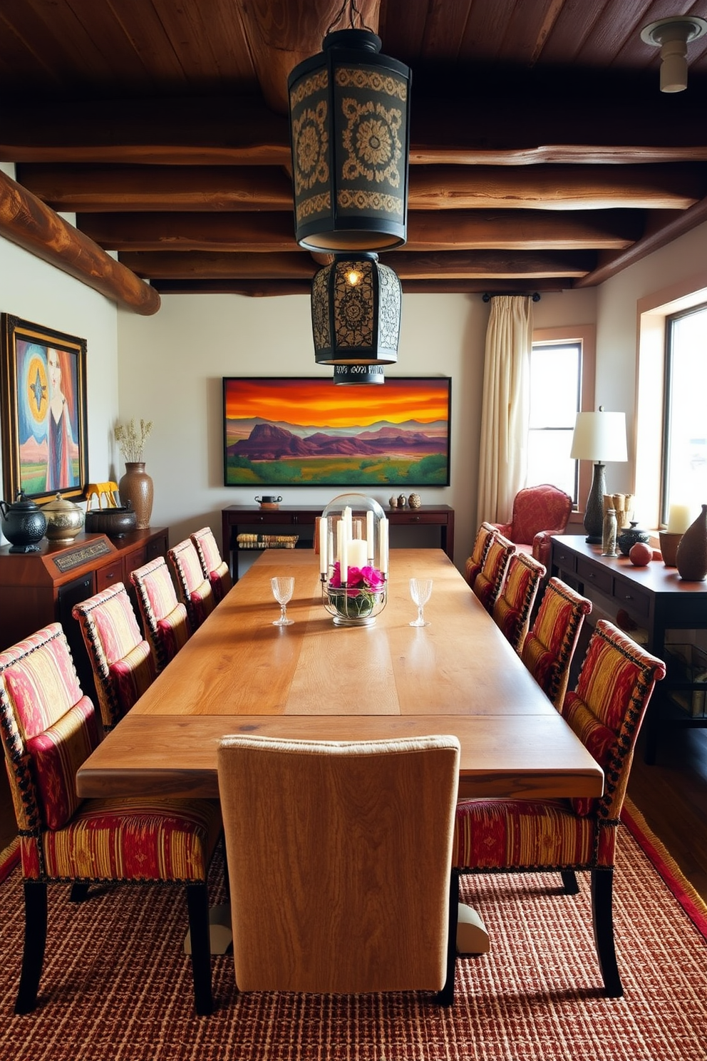 A Southwestern dining room features a large wooden table surrounded by colorful upholstered chairs. Decorative lanterns hang from the ceiling, casting a warm glow and enhancing the rustic charm of the space. The walls are adorned with vibrant artwork that reflects the Southwestern landscape. A woven rug lies beneath the table, adding texture and warmth to the room.