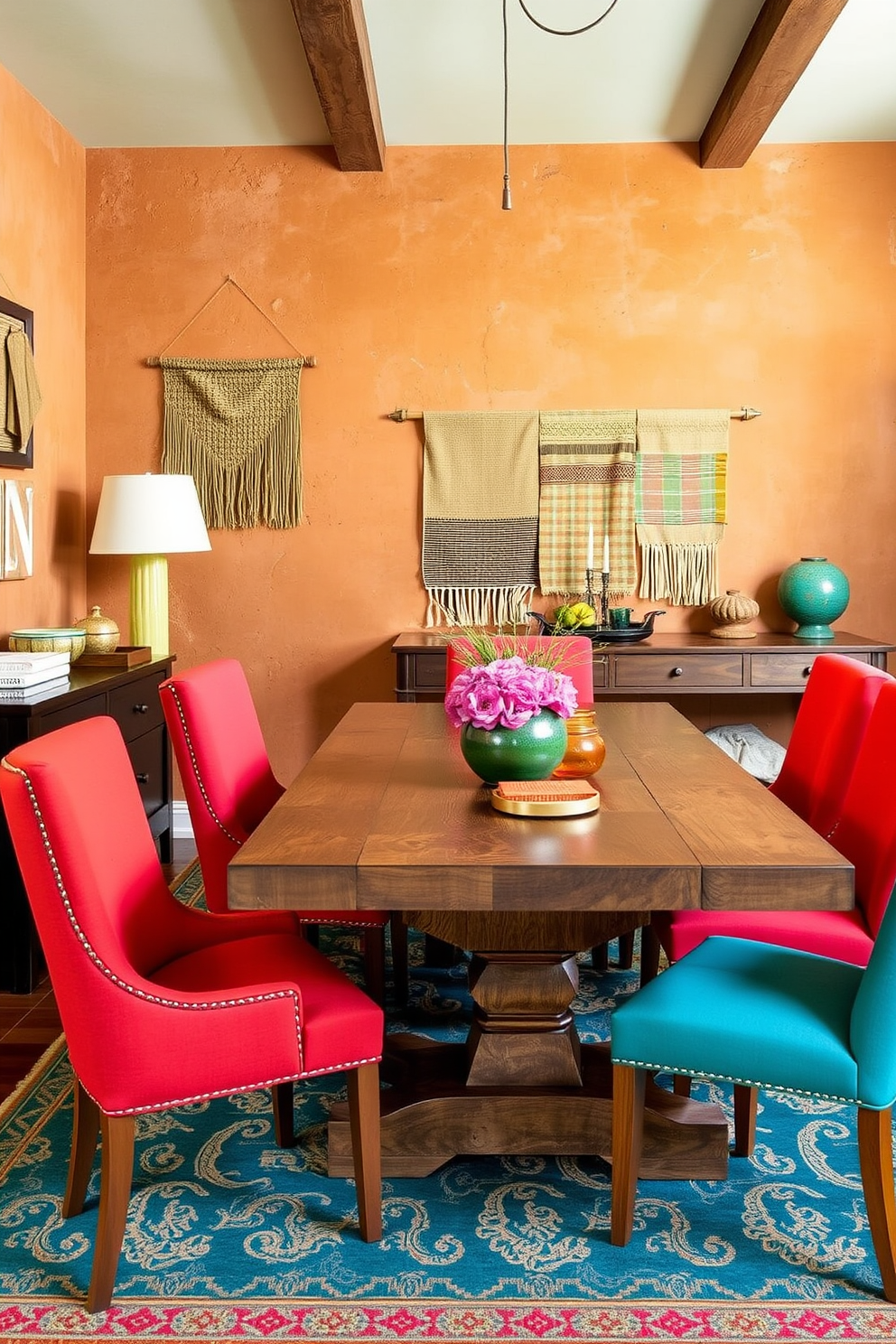 Brightly colored accent chairs surround a rustic wooden dining table in a vibrant Southwestern dining room. The walls are adorned with textured earth tones, and woven textiles hang as decor, adding warmth and character to the space.