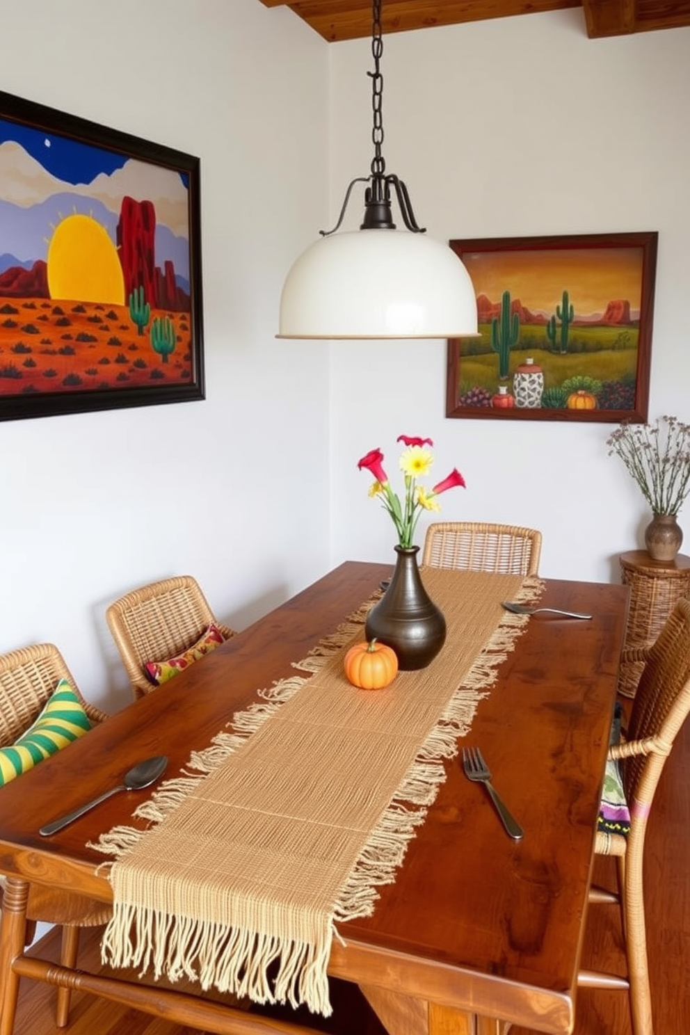 A Southwestern dining room features a rustic wooden table adorned with a natural fiber table runner that adds warmth and texture. Surrounding the table are woven chairs with colorful cushions, and the walls are decorated with vibrant artwork inspired by Southwestern landscapes.