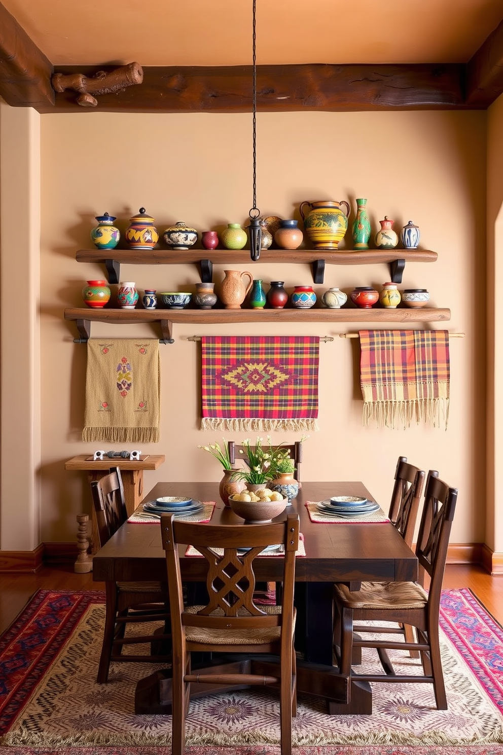 A warm and inviting Southwestern dining room features wall-mounted shelves adorned with colorful ceramic pottery and woven textiles. The rich wooden dining table is complemented by rustic chairs, and the walls are painted in earthy tones with vibrant accents.