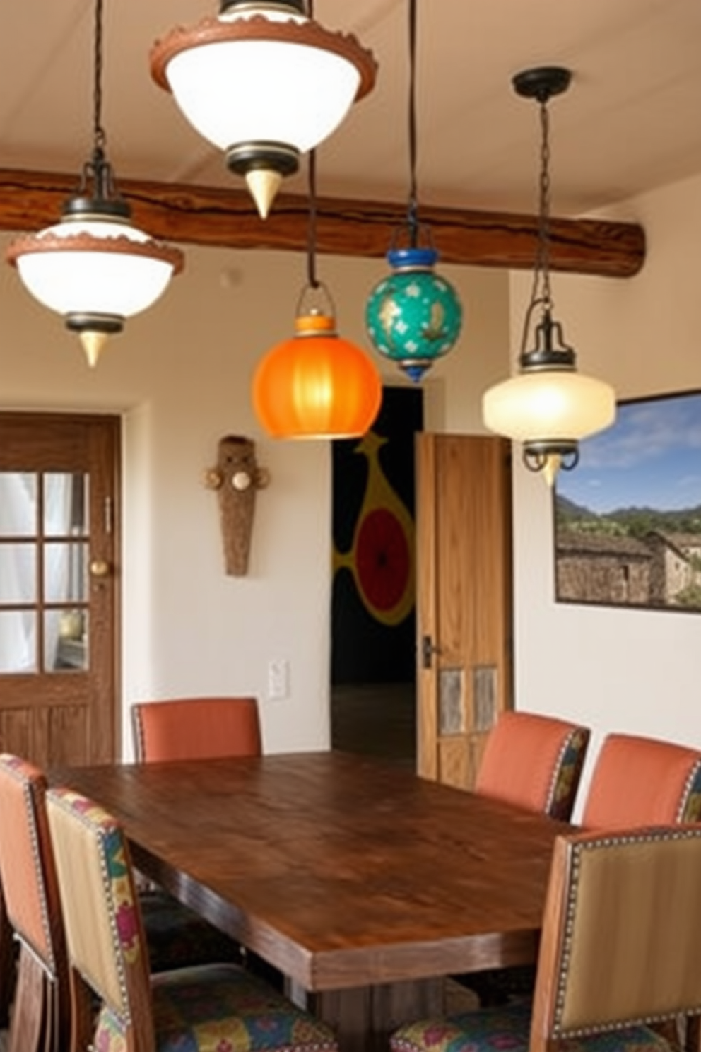 A southwestern dining room featuring unique light fixtures that embody the region's vibrant culture. The room is adorned with a rustic wooden dining table surrounded by colorful upholstered chairs, creating a warm and inviting atmosphere.