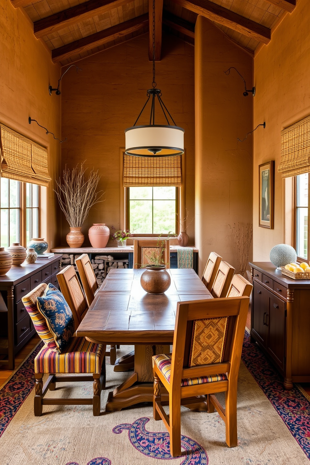 Textured wall finishes create a warm and inviting atmosphere in a Southwestern dining room. Rich earth tones are complemented by handcrafted wooden furniture, featuring a large rustic dining table surrounded by colorful upholstered chairs. Natural light filters through large windows adorned with woven shades, enhancing the room's organic feel. Decorative elements like terracotta pots and vibrant textiles add character and a sense of authenticity to the space.