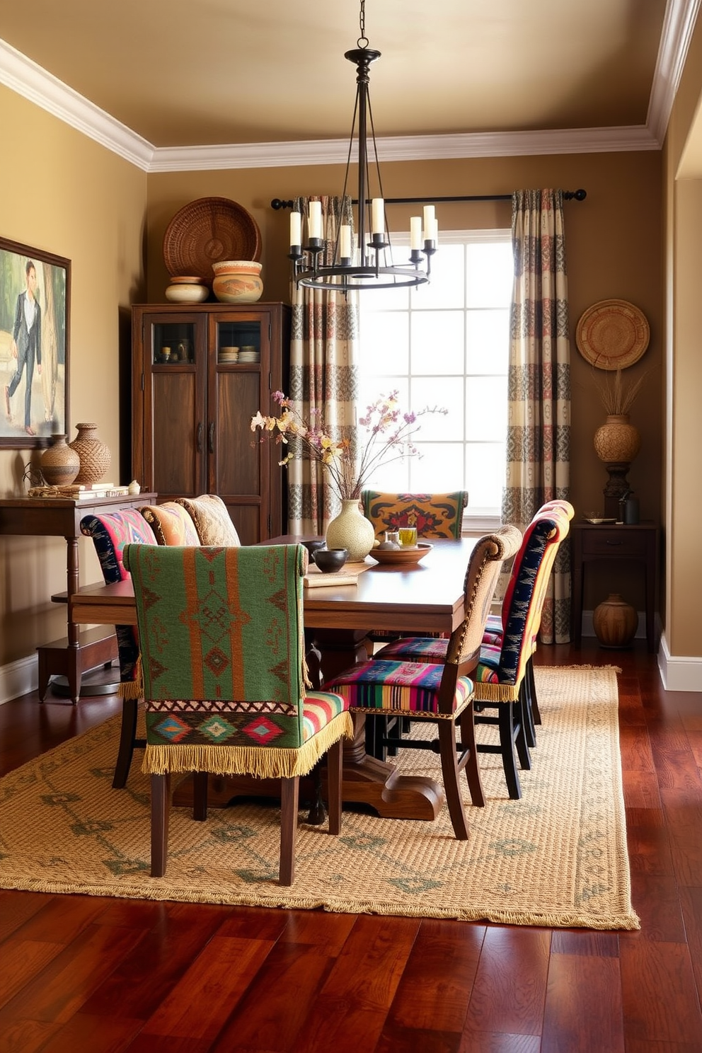 An eclectic mix of dining chairs adds character to a Southwestern dining room. The vibrant colors and unique patterns of the chairs complement a rustic wooden dining table, creating a warm and inviting atmosphere. Textiles with tribal motifs adorn the chairs, while a woven rug anchors the space. The walls are painted in earthy tones, and decorative elements like pottery and woven baskets enhance the Southwestern aesthetic.