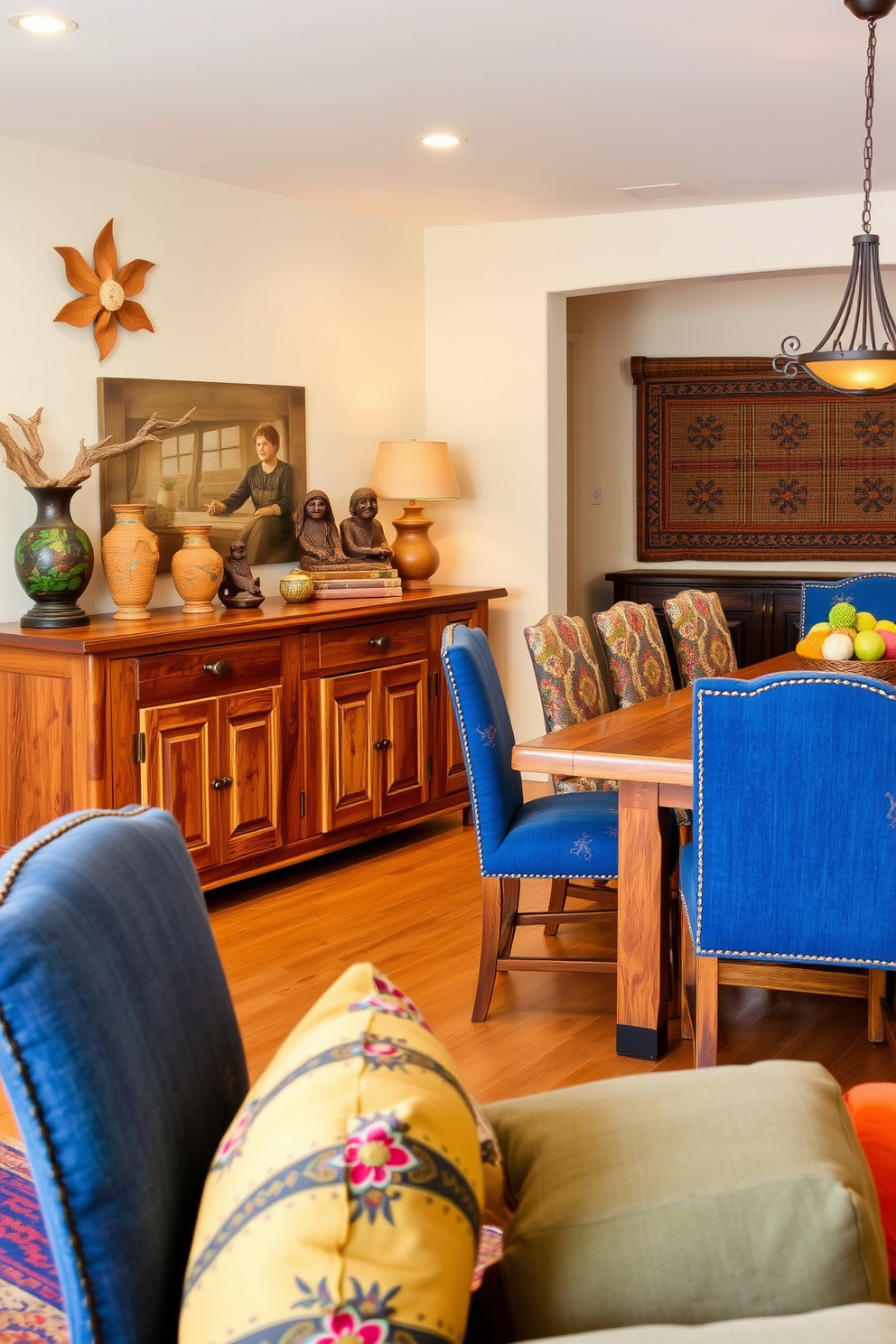 A rustic wooden buffet serves as a charming storage solution in the dining room. The buffet features intricate carvings and a warm finish that complements the Southwestern decor. The dining room is adorned with vibrant textiles and earthy tones. A large wooden table is surrounded by colorful upholstered chairs, creating an inviting atmosphere for gatherings.