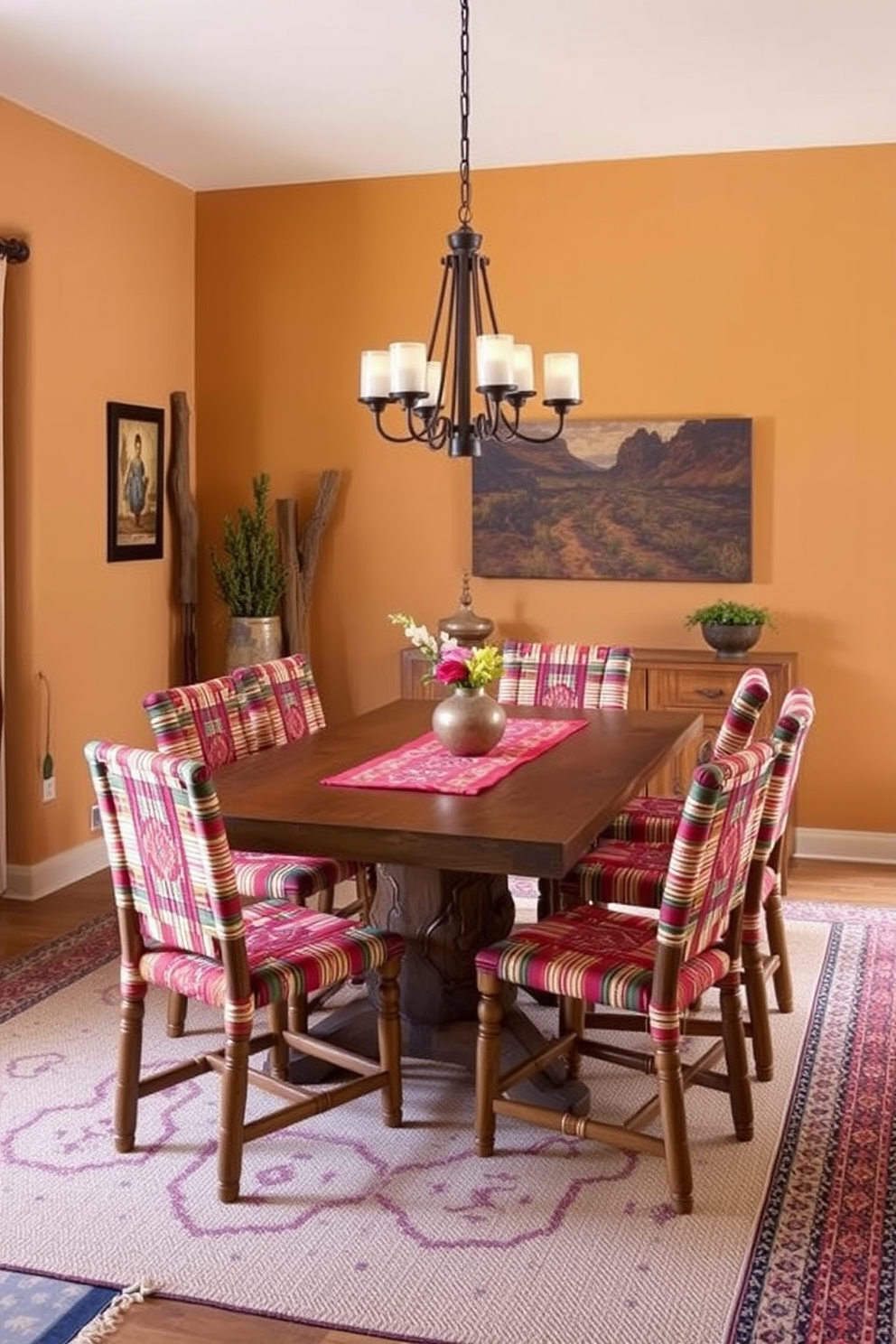 A Southwestern dining room with adobe-style walls painted in warm earthy tones. The space features a rustic wooden dining table surrounded by colorful woven chairs, accented with a vibrant table runner.