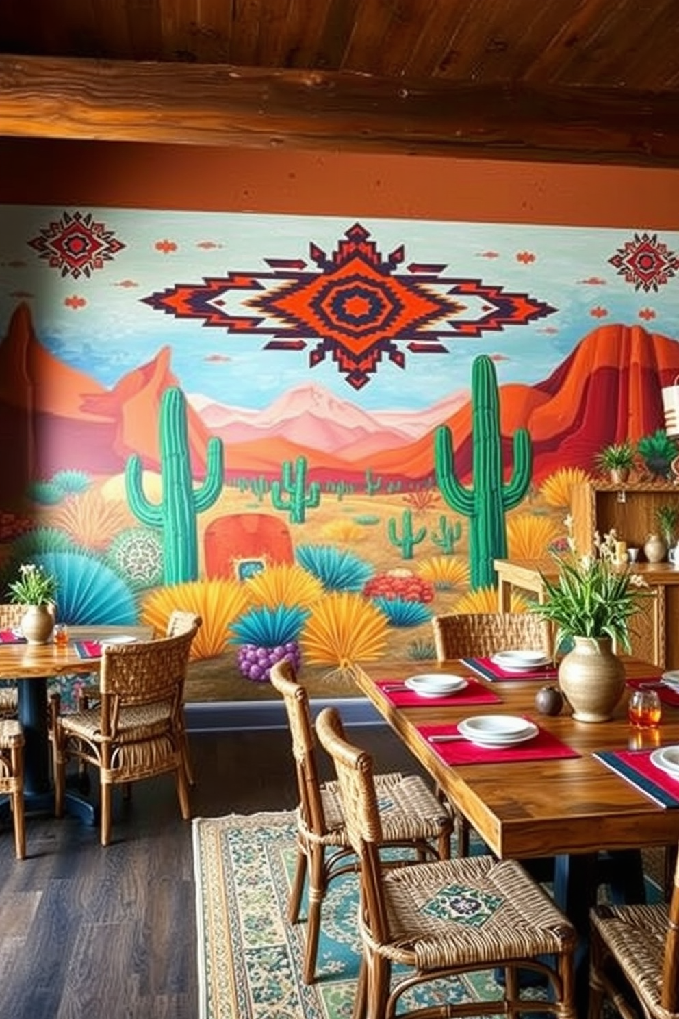 A statement wall features a bold southwestern mural that brings vibrant colors and intricate patterns to life. The dining room is designed with rustic wooden furniture, complemented by woven textiles and earthy decor elements.