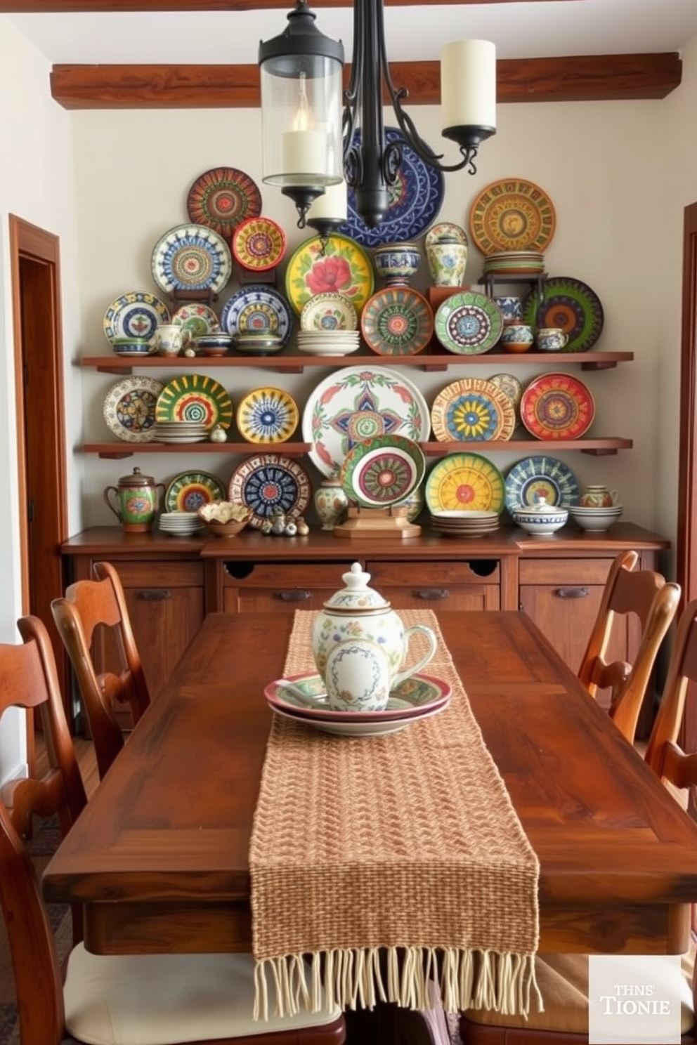 A charming Southwestern dining room features a hand-painted ceramic dinnerware display showcasing vibrant colors and intricate patterns. The wooden dining table is surrounded by rustic chairs, and a woven table runner adds texture to the setting.