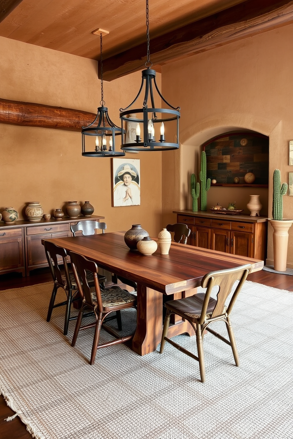 A rustic dining room featuring iron light fixtures that add warmth and character to the space. The dining table is made of reclaimed wood, surrounded by mismatched chairs that enhance the Southwestern aesthetic. The walls are adorned with earthy tones and textured finishes, creating a cozy atmosphere. A large woven rug anchors the room, while decorative pottery and cacti provide authentic Southwestern accents.