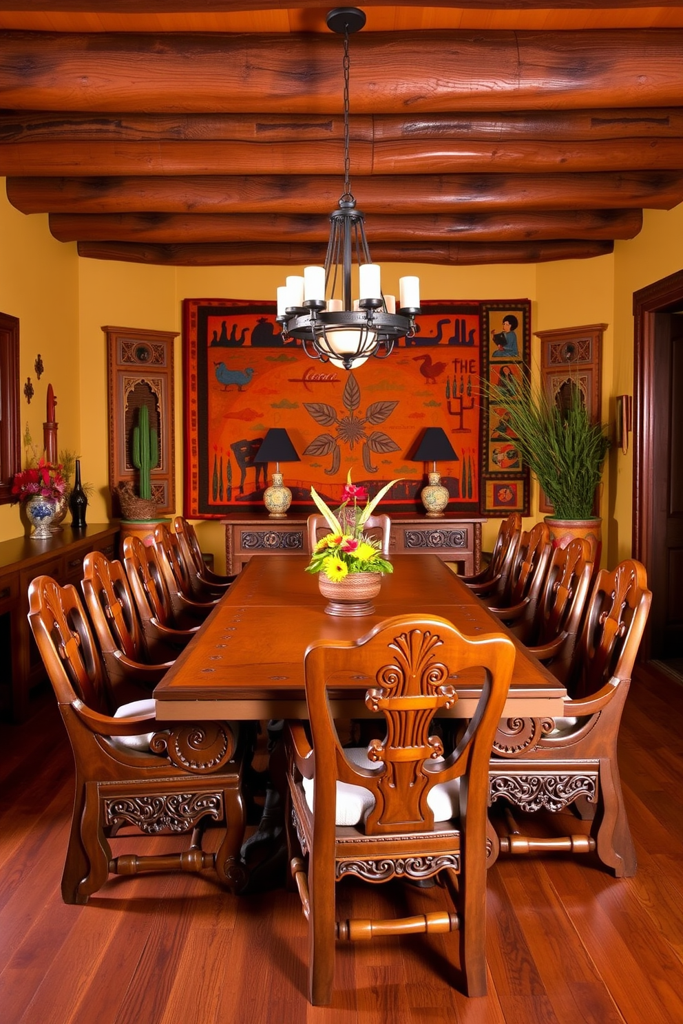 A vibrant southwestern dining room featuring a large wooden table surrounded by intricately carved chairs. The walls are adorned with colorful southwestern-inspired artwork, showcasing bold patterns and earthy tones that reflect the region's culture.