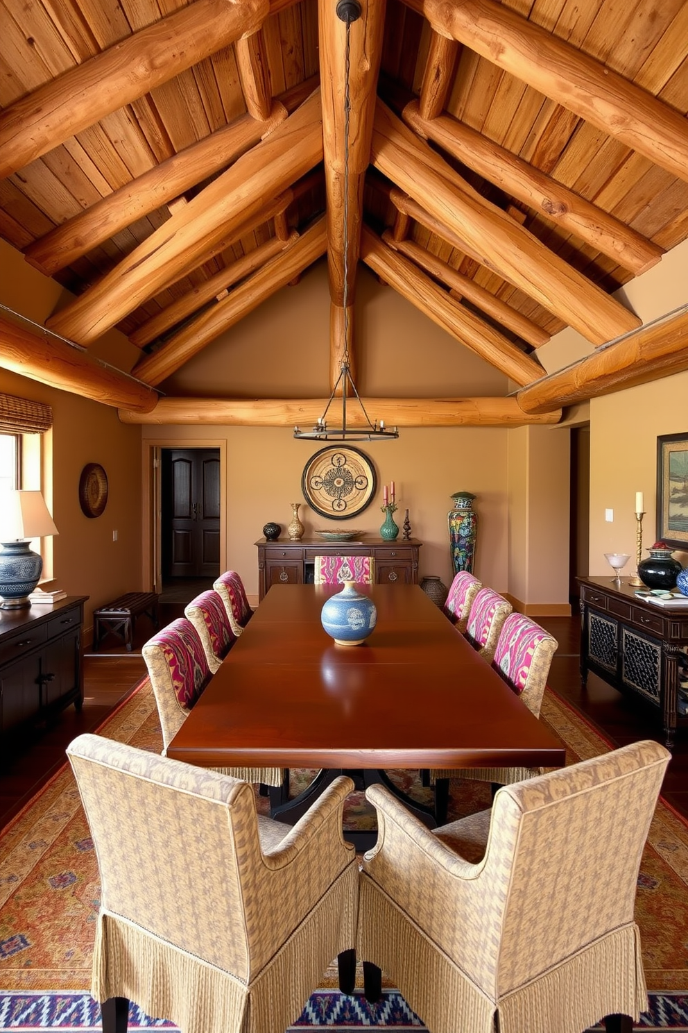 A warm and inviting dining room features natural wood beams spanning the ceiling, adding rustic charm to the space. The walls are painted in a soft earth tone, complementing the rich textures of the wooden elements. A large wooden dining table sits at the center, surrounded by upholstered chairs in vibrant Southwestern patterns. Decorative elements such as woven baskets and colorful pottery enhance the room's cultural aesthetic.