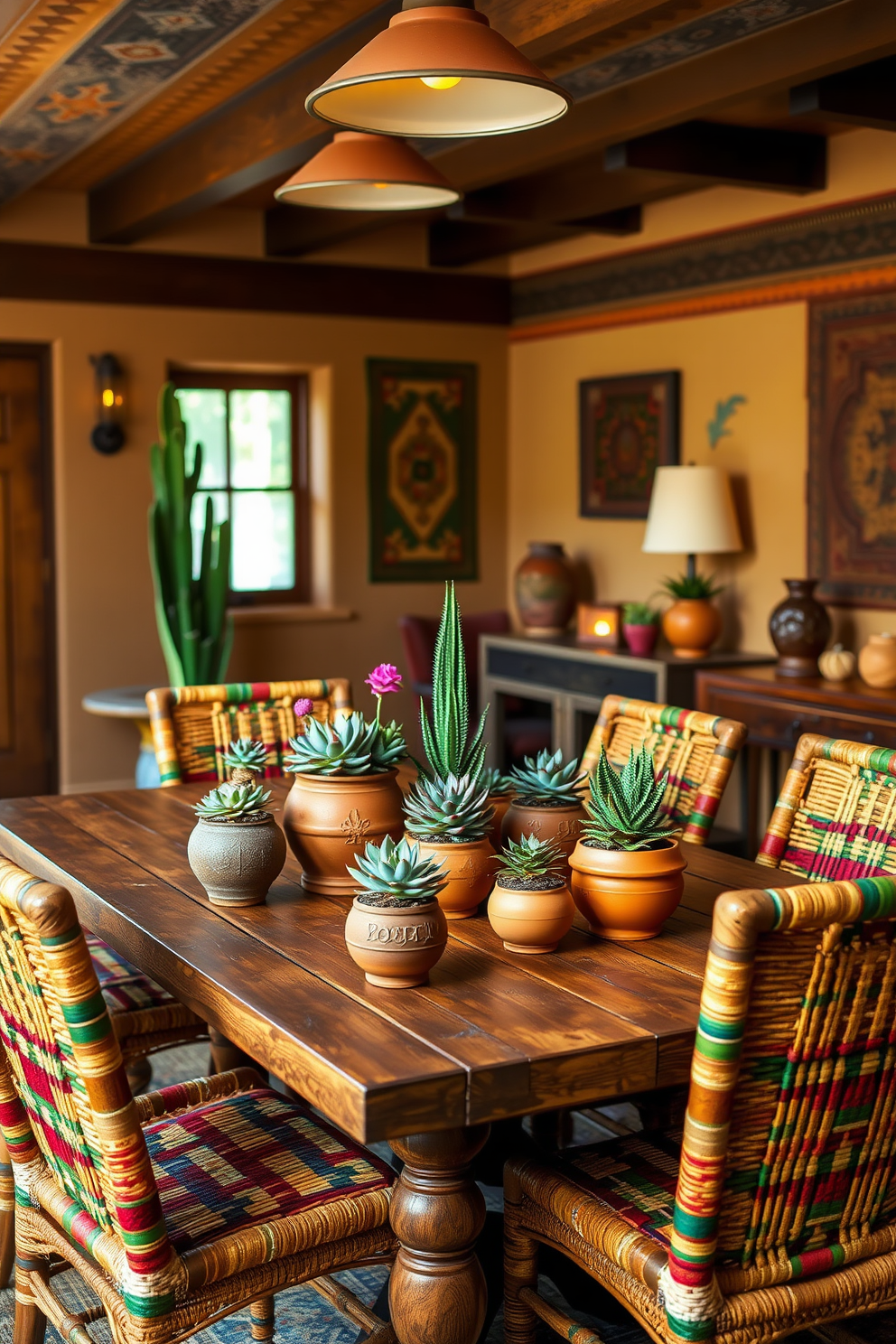 A warm and inviting Southwestern dining room features a rustic wooden table surrounded by colorful woven chairs. Terracotta pots filled with vibrant succulents are arranged as centerpieces, adding a touch of greenery and texture to the space. The walls are adorned with earthy tones and traditional Southwestern patterns, creating a cozy atmosphere. Soft lighting from pendant fixtures casts a warm glow, enhancing the inviting ambiance of the room.