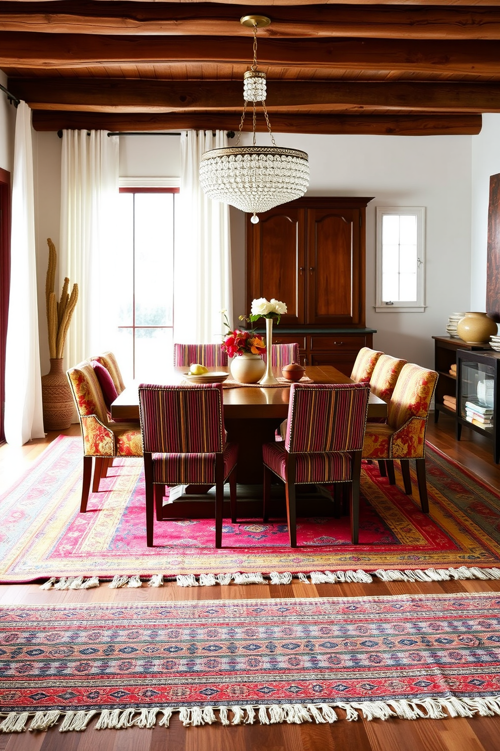 A Southwestern dining room featuring layered rugs that add texture and warmth. The room showcases a large wooden dining table surrounded by colorful upholstered chairs, with a vibrant woven rug beneath.