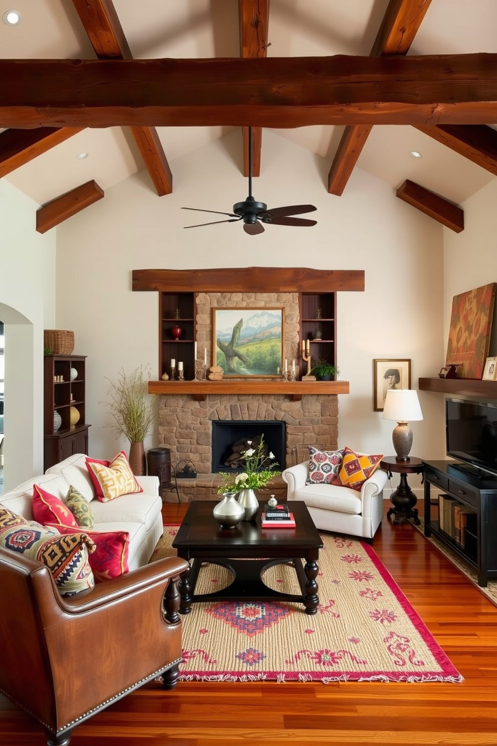 A cozy family room featuring rustic wooden beams that add warmth to the ceiling. The space is decorated with Southwestern-inspired textiles, including vibrant patterned cushions and a large woven rug on the hardwood floor.