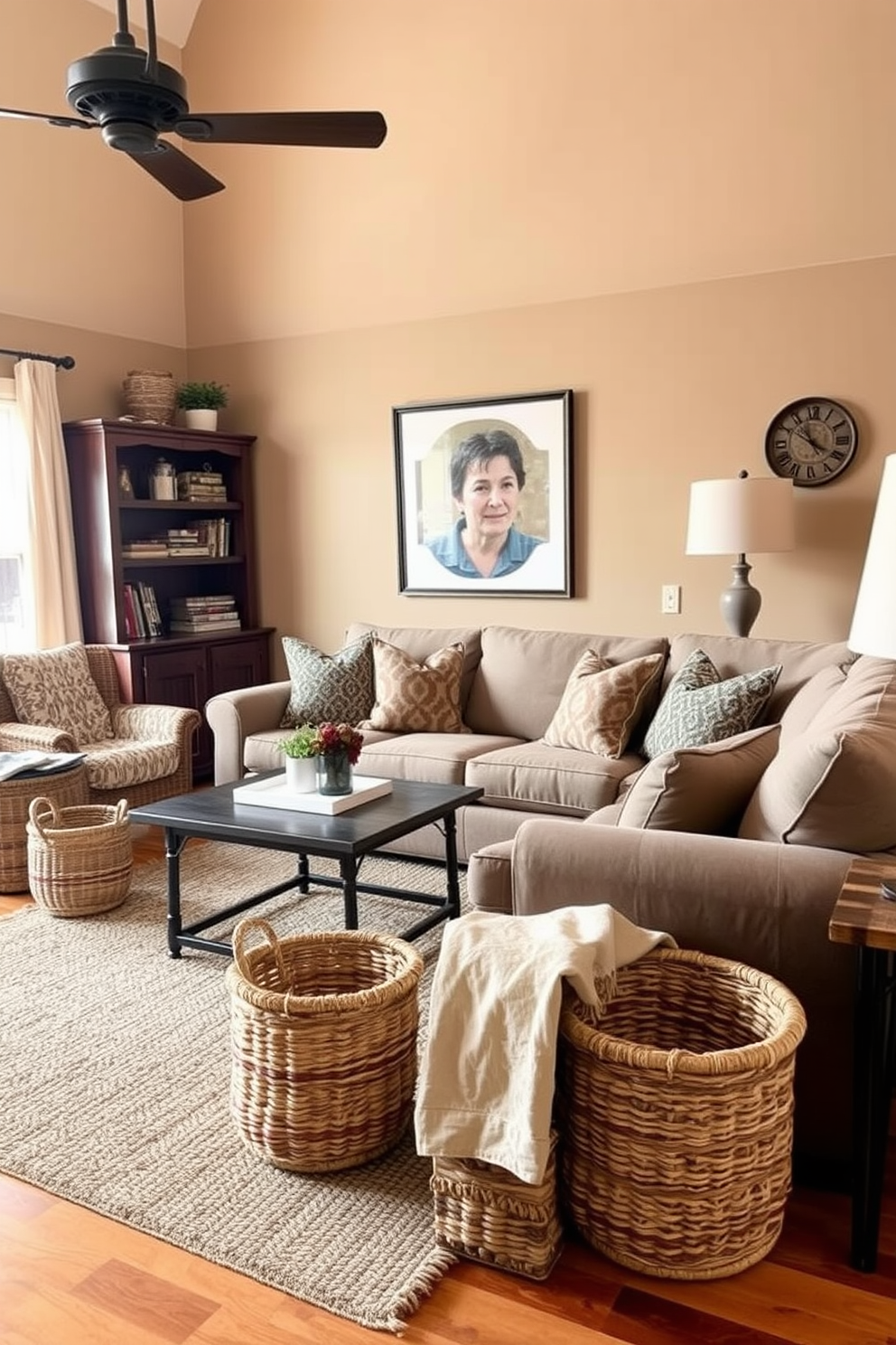 A cozy family room featuring woven baskets for stylish storage. The room showcases a warm color palette with earthy tones and rustic wooden furniture. Comfortable seating arrangements include a large sectional sofa adorned with patterned throw pillows. A textured area rug anchors the space, while decorative woven baskets are placed strategically for both aesthetics and practicality.