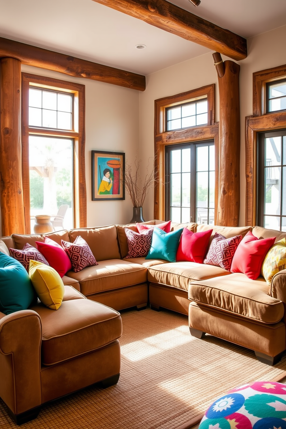 Brightly colored throw pillows are scattered across a large, comfortable sectional sofa in a Southwestern family room. The walls are adorned with rustic wooden accents and vibrant artwork, creating a warm and inviting atmosphere. A woven area rug anchors the space, complementing the rich earth tones of the furniture. Natural light floods in through large windows, highlighting the playful patterns and textures of the throw pillows.