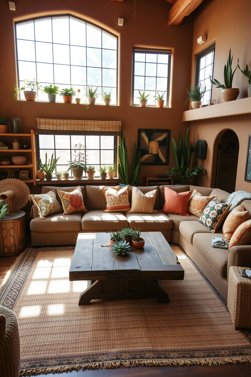 A cozy Southwestern family room filled with natural light. The space features a large, comfortable sectional sofa adorned with colorful throw pillows and a rustic wooden coffee table at the center. Succulent plants are strategically placed on shelves and window sills, adding a refreshing touch of greenery. The walls are painted in warm earth tones, complemented by woven textiles and a patterned area rug.