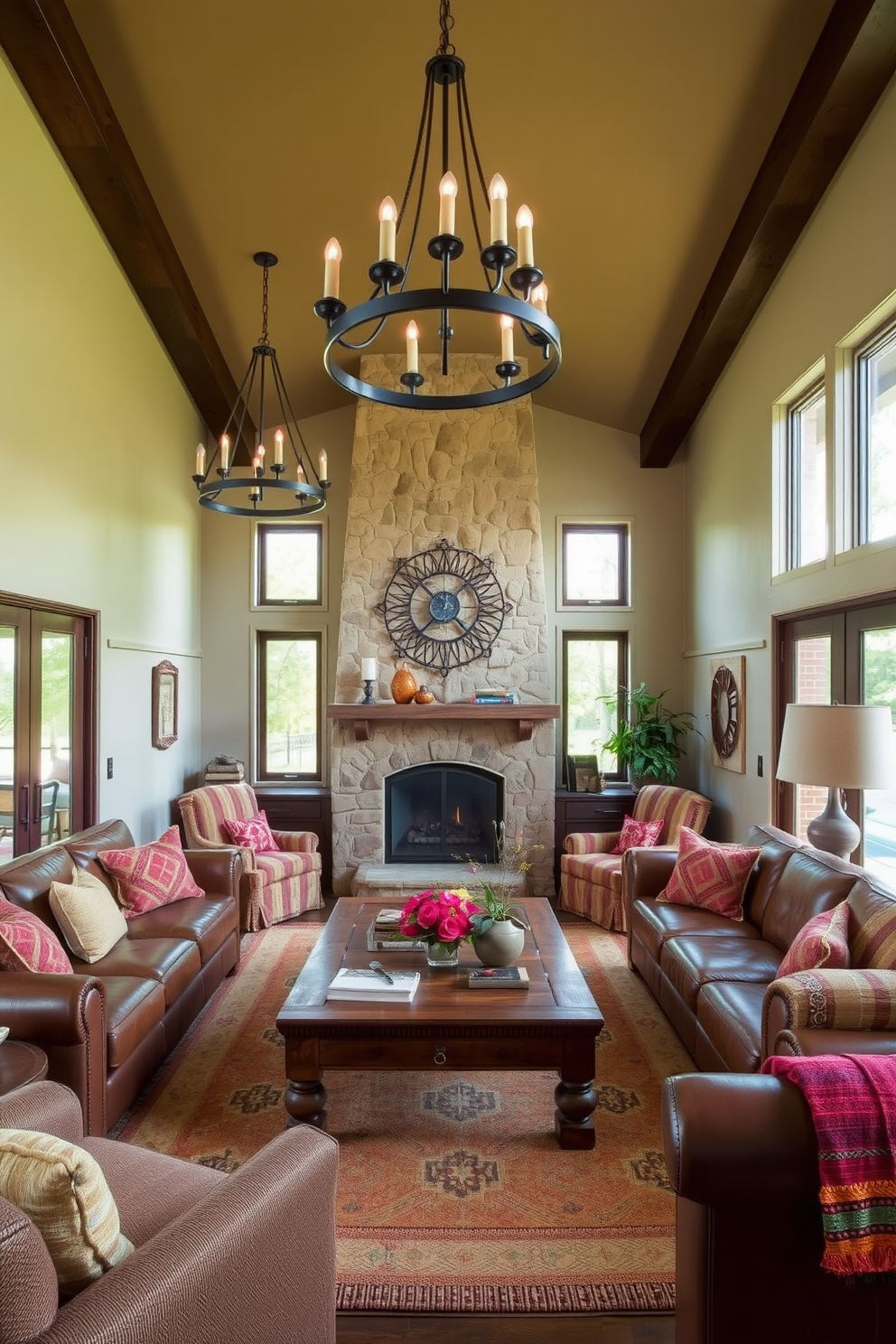 A cozy family room featuring iron light fixtures that add a touch of rustic elegance. The room is adorned with warm earth tones, complemented by a large leather sofa and a wooden coffee table. A stone fireplace serves as the focal point, surrounded by comfortable seating and colorful woven textiles. Natural light filters in through large windows, enhancing the inviting atmosphere of the space.