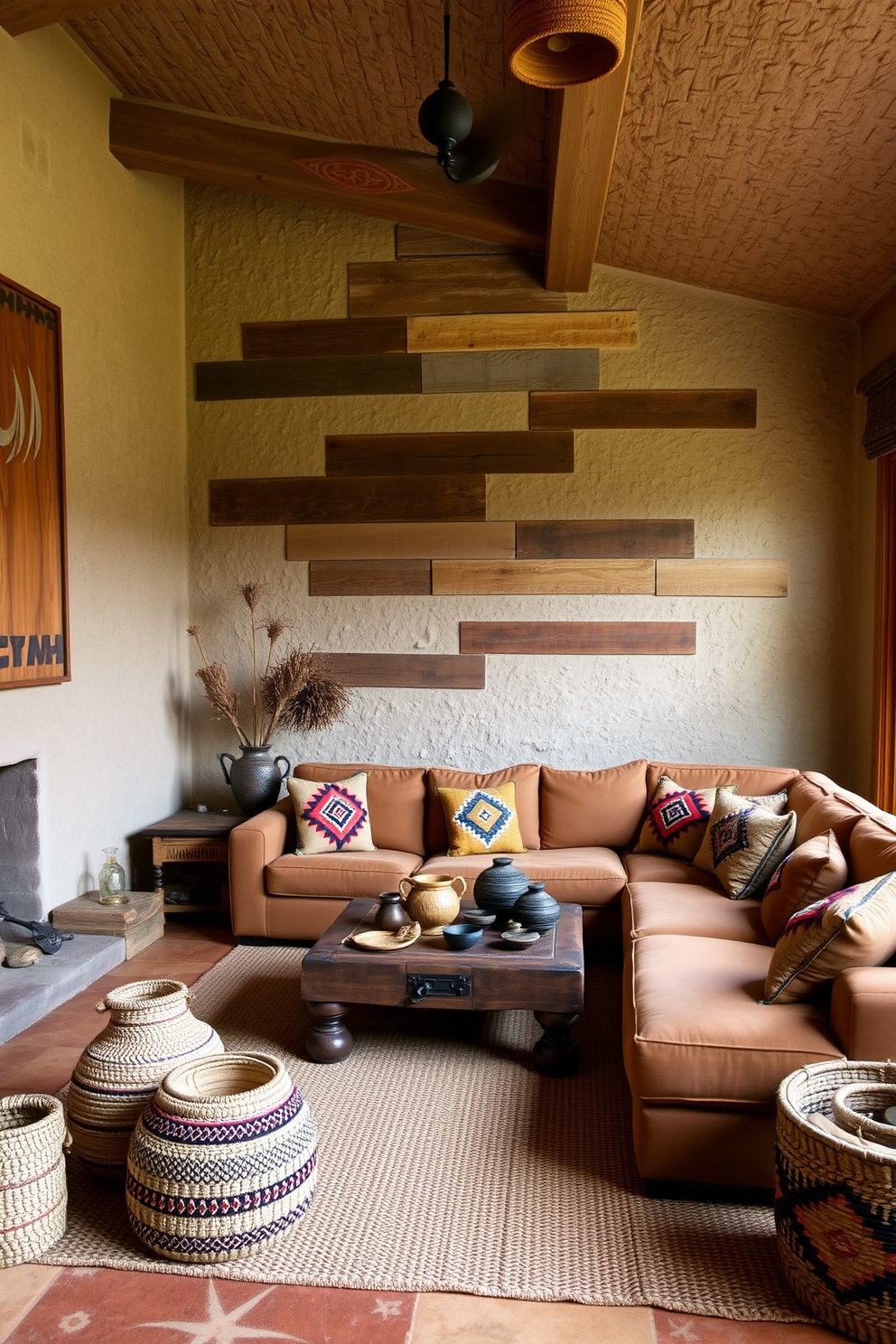 A cozy family room featuring textured wall finishes that add depth and warmth to the space. The walls are adorned with a mix of adobe-style plaster and reclaimed wood panels, creating a rustic yet inviting atmosphere. The room is furnished with a large, comfortable sectional sofa in earthy tones and accented with vibrant Southwestern-patterned throw pillows. A handcrafted coffee table sits in the center, surrounded by woven baskets and decorative pottery that reflect the region's rich cultural heritage.