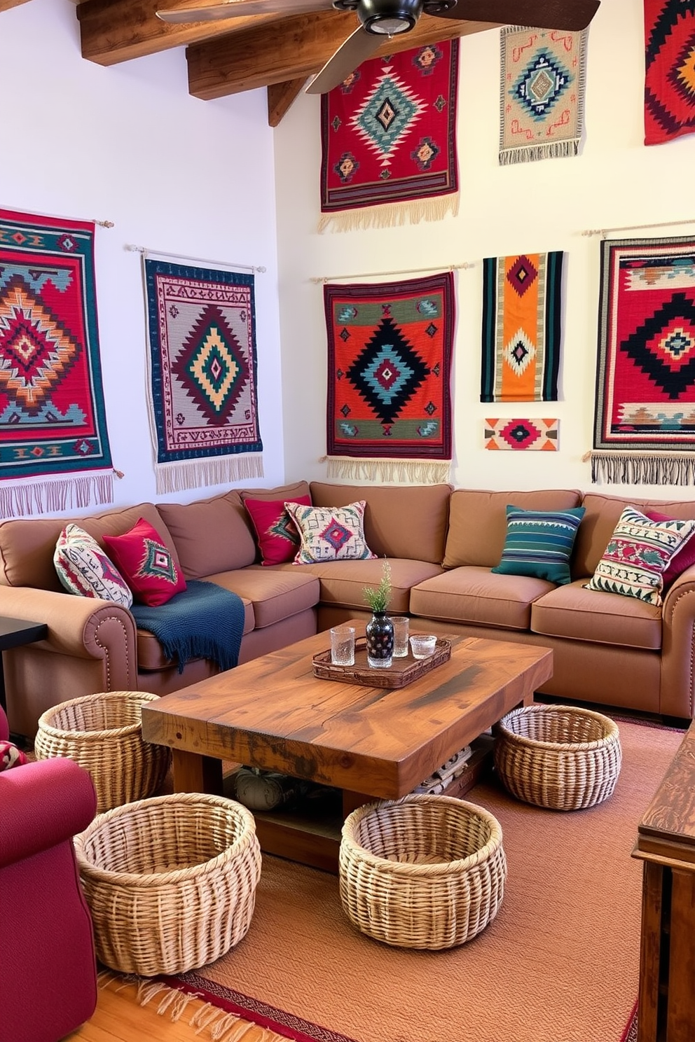 A cozy family room featuring Native American textiles as wall hangings. The walls are adorned with vibrant patterns and colors that reflect the rich heritage of Southwestern design. The furniture includes a large, comfortable sectional sofa in earthy tones with accent pillows that complement the textiles. A rustic coffee table made of reclaimed wood sits in the center, surrounded by woven baskets for storage.