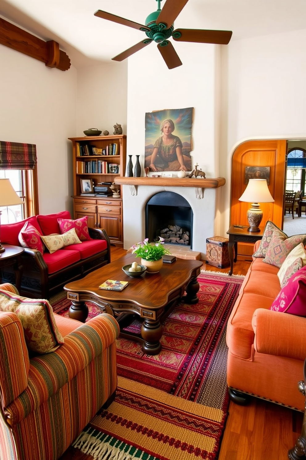 A cozy Southwestern family room filled with antique wooden furniture that adds character and warmth. The room features a large wooden coffee table with intricate carvings, surrounded by plush, colorful upholstered sofas in earthy tones. On one wall, a rustic wooden bookshelf displays a collection of books and decorative items. A vibrant woven rug lies beneath the furniture, complementing the room's rich color palette and inviting atmosphere.