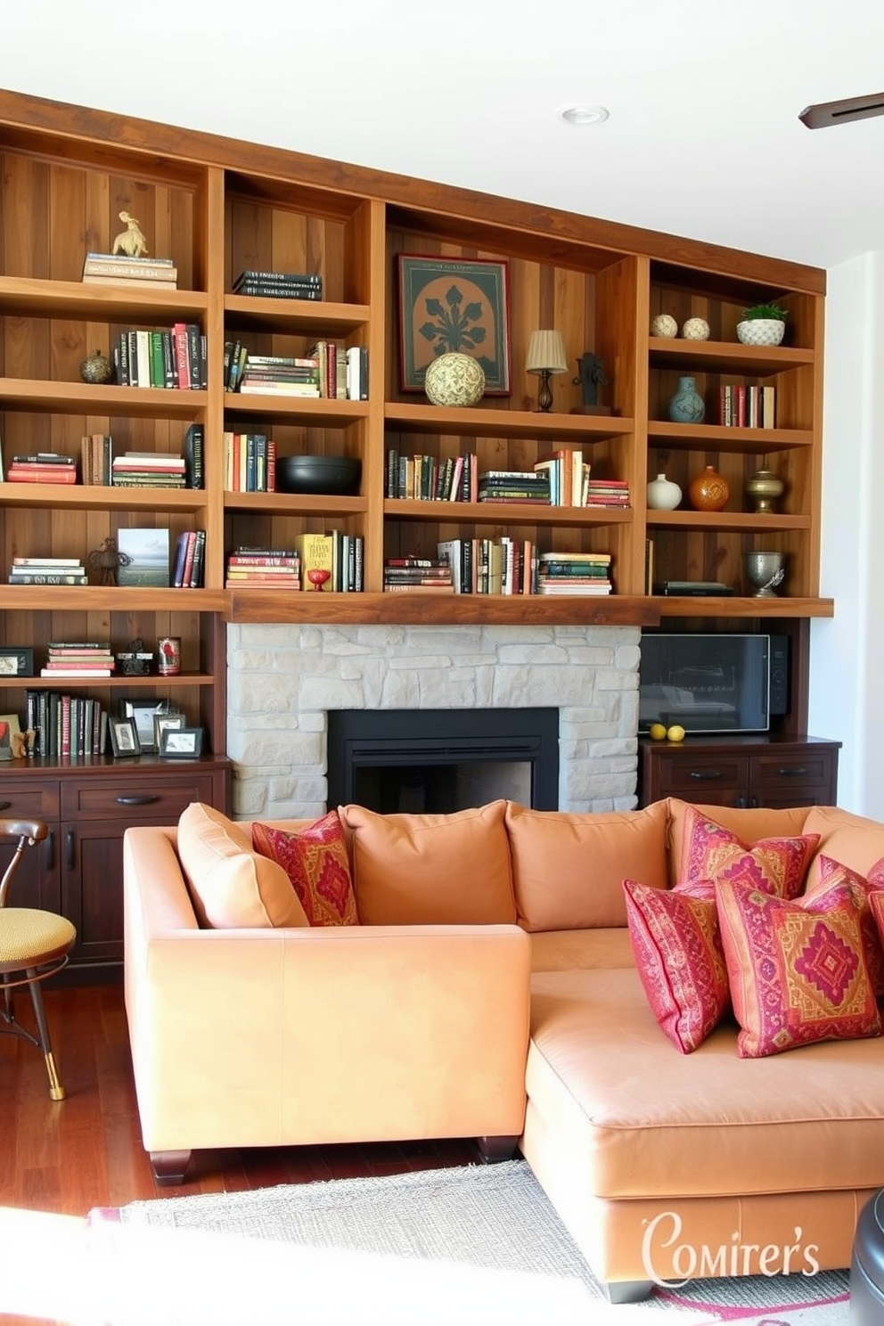 Open shelving adorned with an array of decorative books creates a warm and inviting atmosphere in the family room. The shelves are crafted from reclaimed wood, adding a rustic charm to the space. A large, comfortable sectional sofa in earthy tones is positioned in front of a cozy fireplace. Accent pillows in vibrant Southwestern patterns enhance the room's cultural aesthetic.