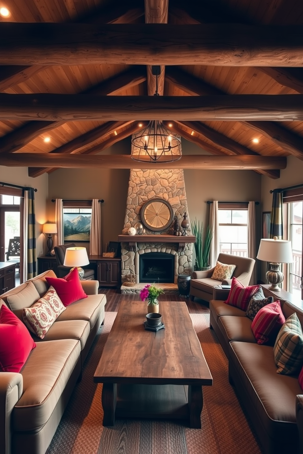 A cozy family room filled with warm lighting that creates an inviting atmosphere. The space features a large sectional sofa adorned with colorful throw pillows and a rustic coffee table at the center. Natural wood beams stretch across the ceiling, adding character to the room. A stone fireplace serves as the focal point, surrounded by comfortable seating and decorative accents showcasing Southwestern style.